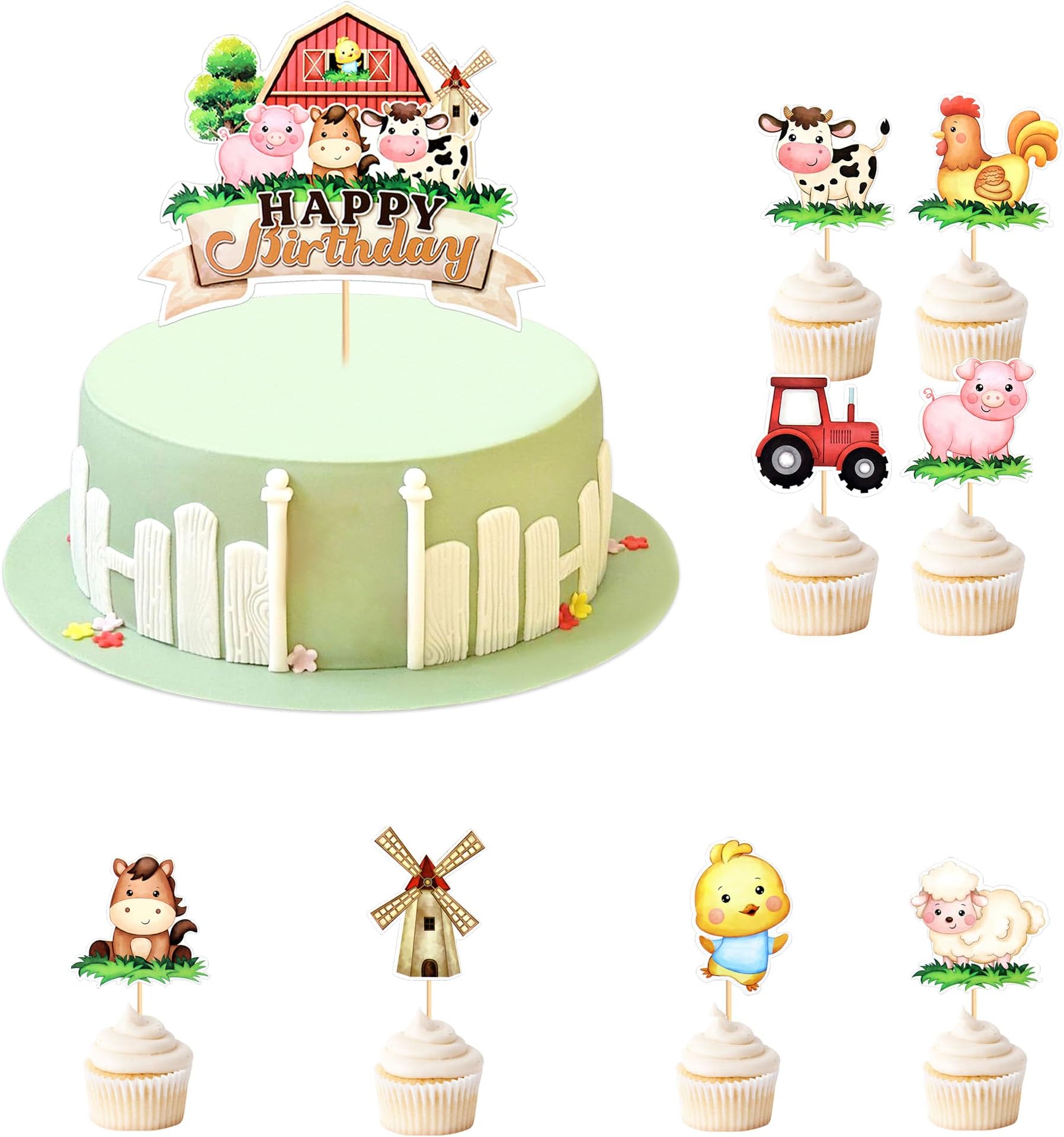 9Pcs Farm Animal Happy Birthday Cake Toppers Cow Horse pig Cupcake Toppers Farm Animal Cutouts for Baby Shower Barnyard Birthday Party Cake Decoration Supplies