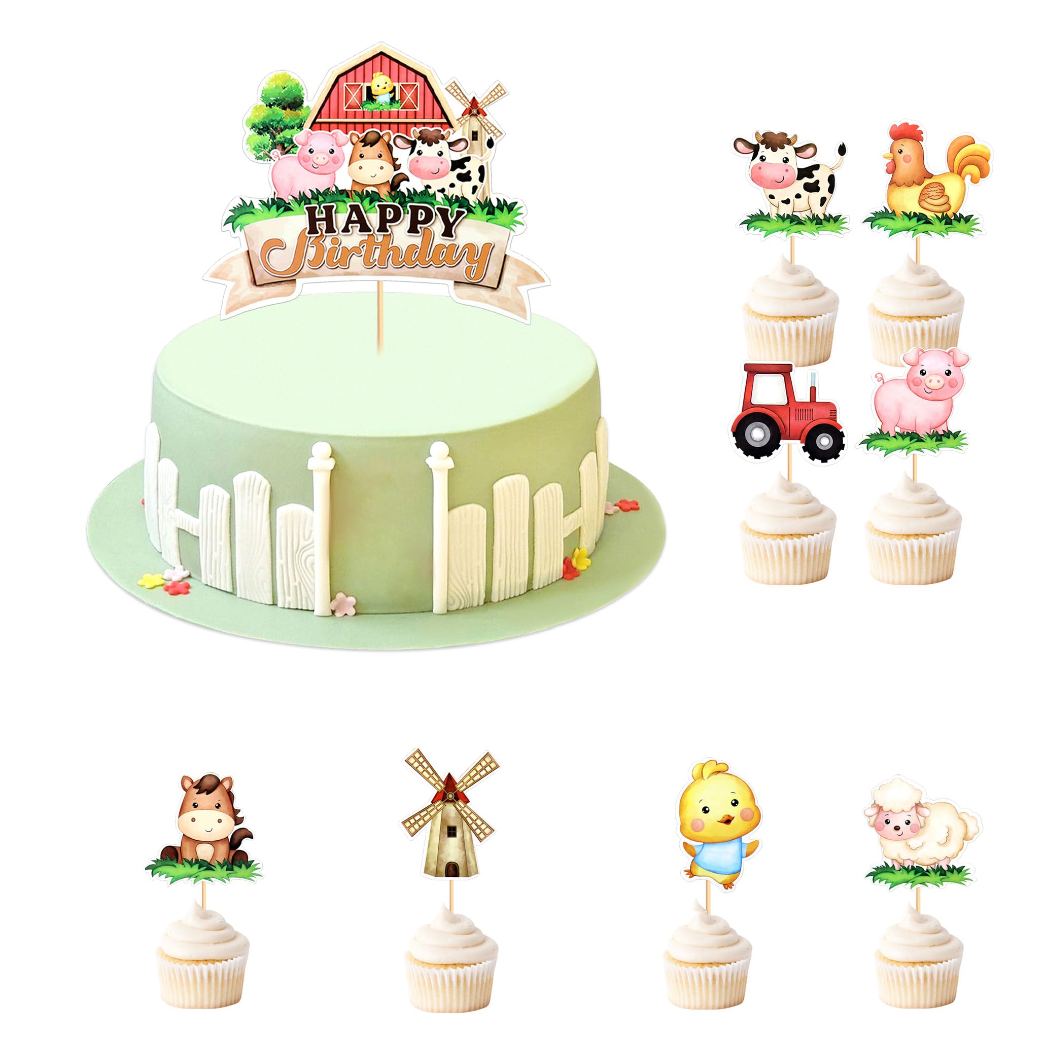 9Pcs Farm Animal Happy Birthday Cake Toppers Cow Horse pig Cupcake Toppers Farm Animal Cutouts for Baby Shower Barnyard Birthday Party Cake Decoration Supplies