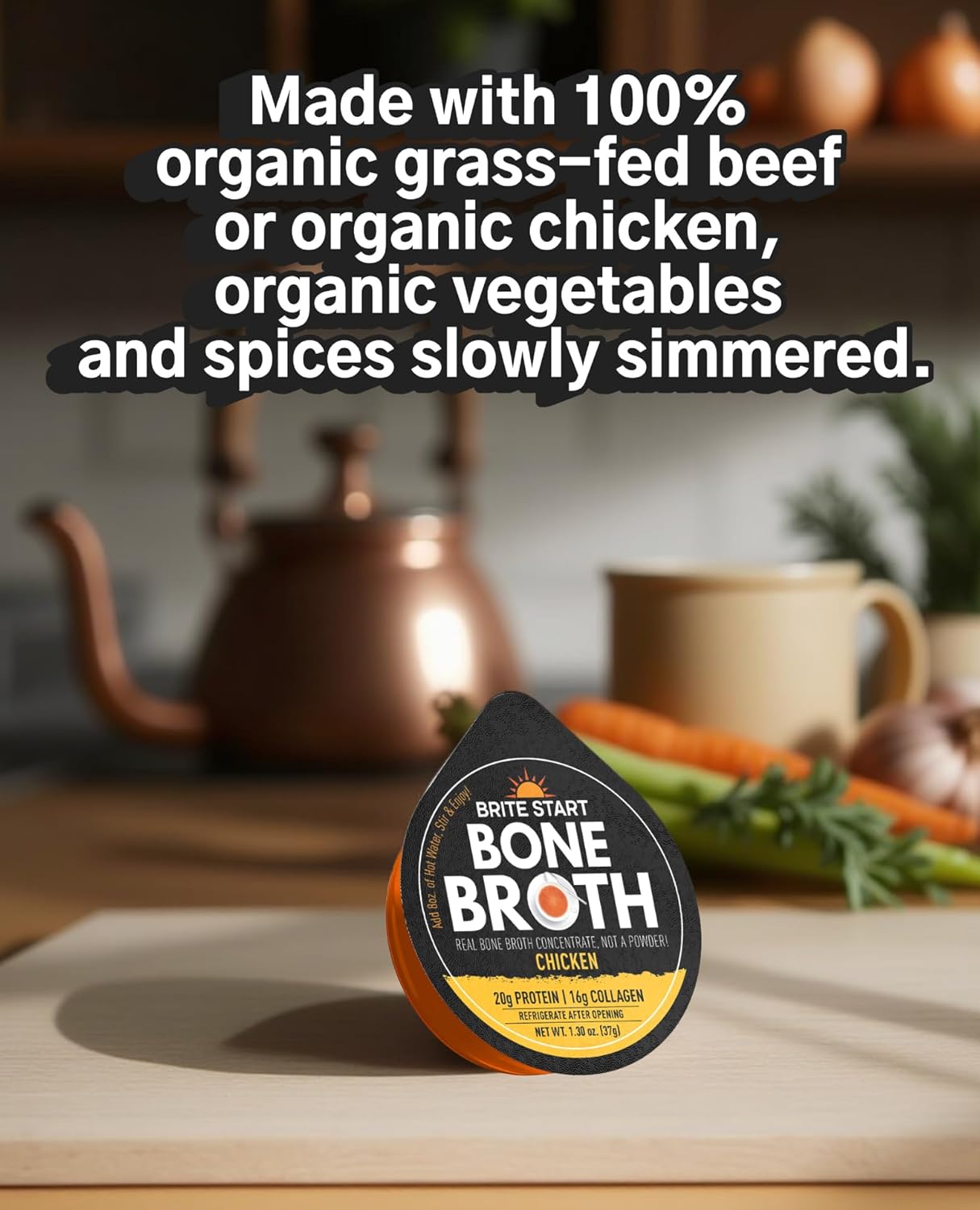 Brite Start chicken bone broth concentrate gel packets, restorative protein, 20g protein, 16g collagen, organic chicken, single-serve broth packets, 4 count