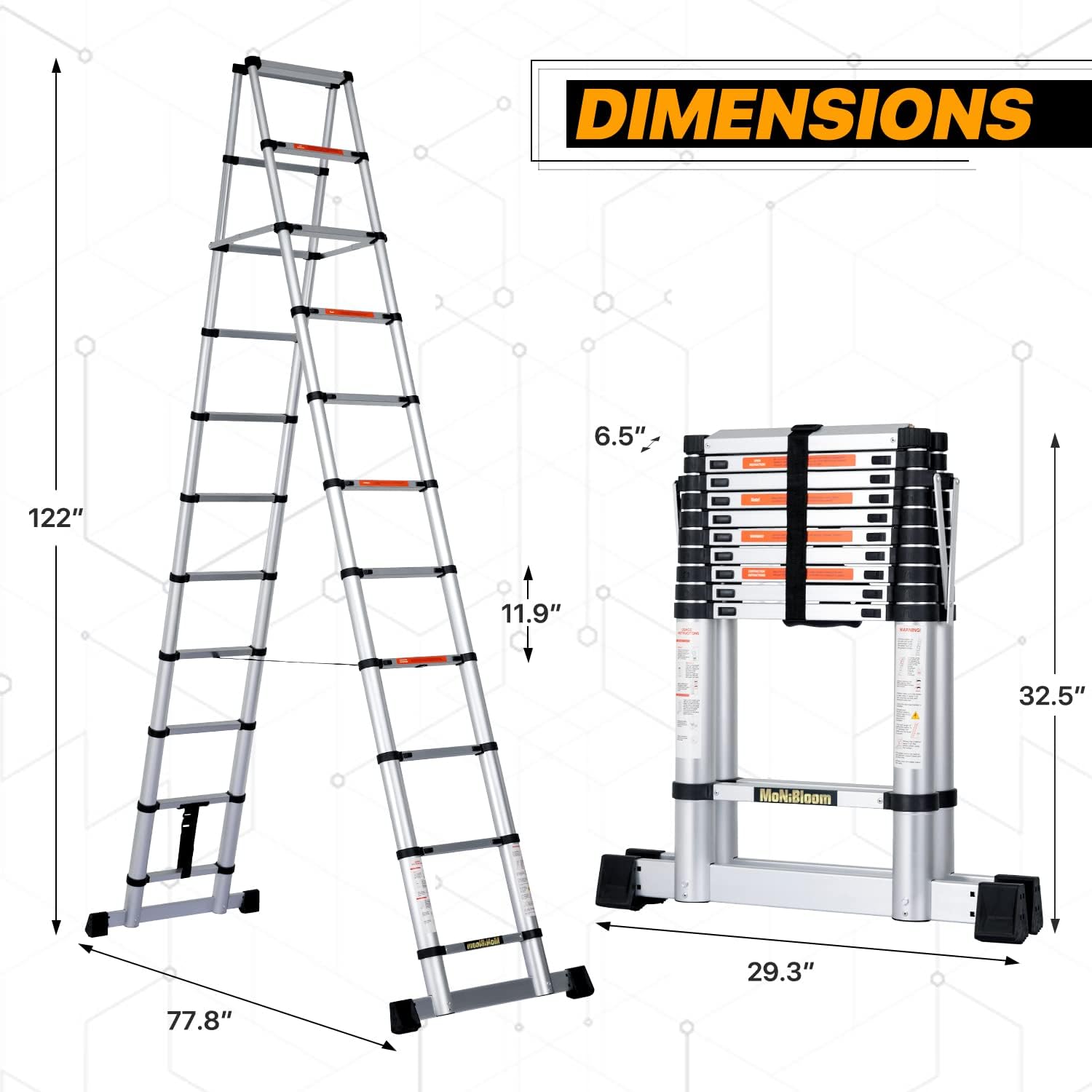 MoNiBloom 10.2Ft A-Frame Telescoping Ladder Portable Folding Compact Multi-Purpose Adjustable Ladder with Anti-Slip Foot and Safety Lock, 331lbs Max Capacity