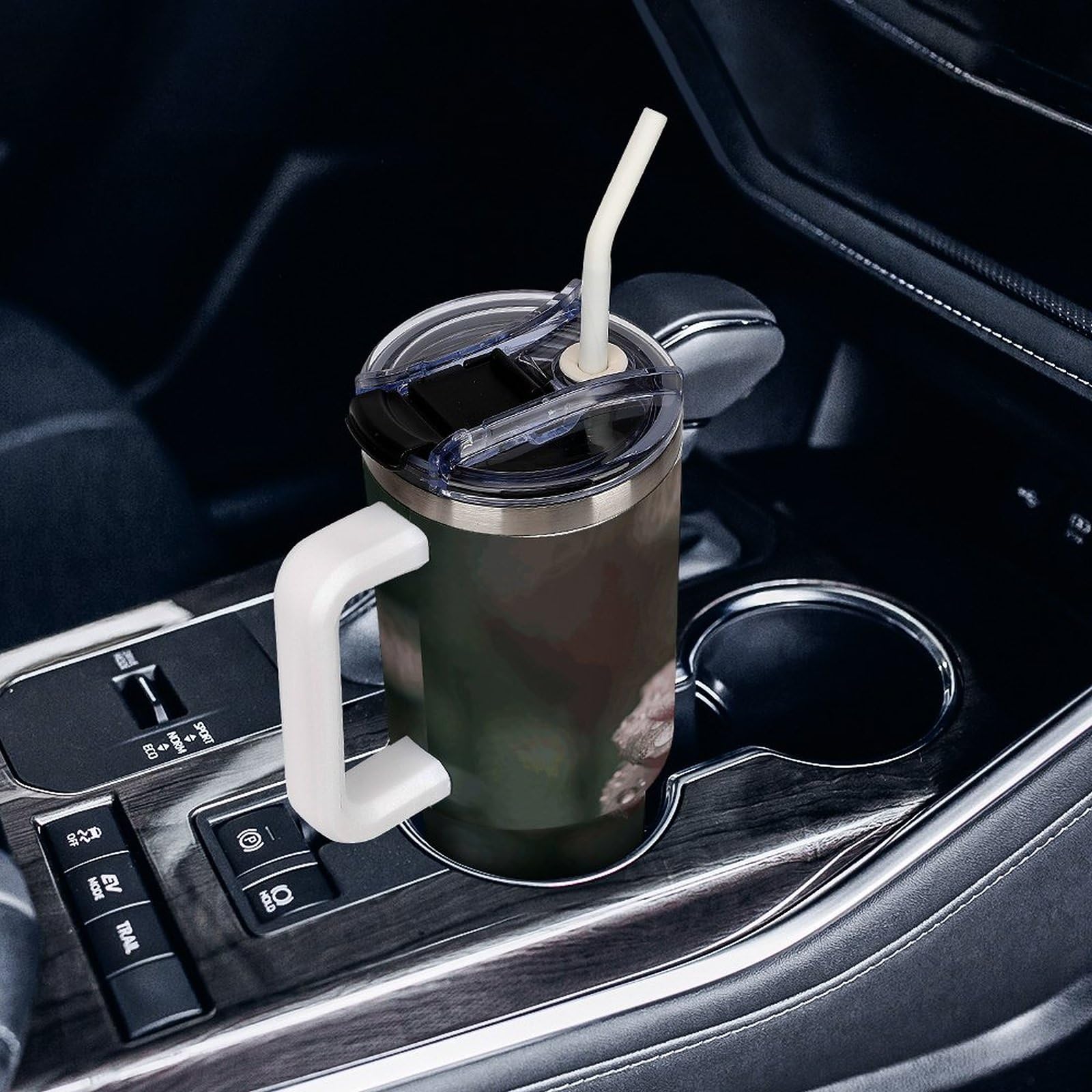 Thermobecher aus Edelstahl, mit Griff, Rosen im Regen, hitzebeständig, auslaufsicher, geeignet für Auto-Becherhalter, 1,2 l