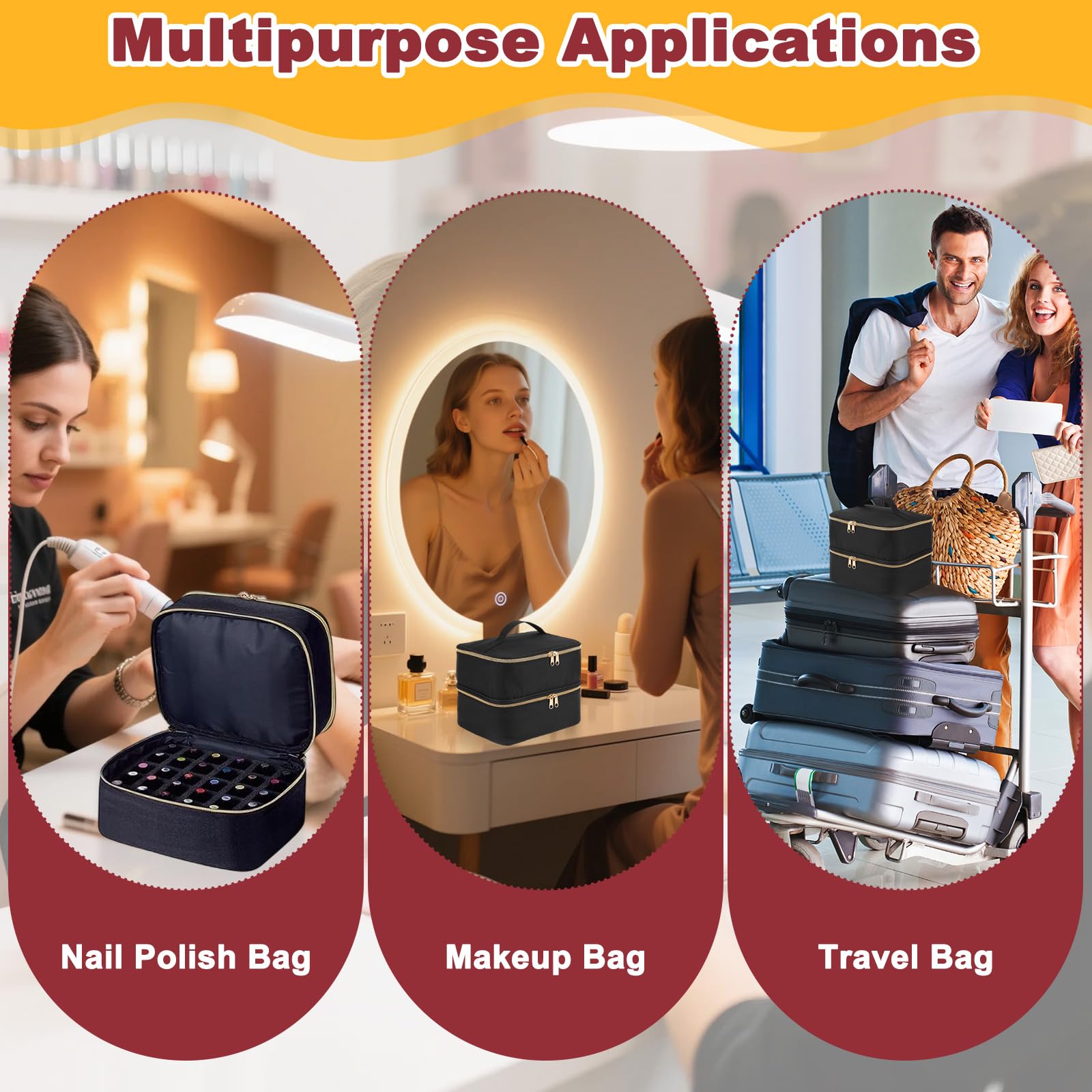 Porta Smalti Organizer Doppio Strato con Maniglie e Divisori Regolabili, Trousse da Viaggio Portatile Nera Capiente per Unghie 30 Flaconi, Pennelli Trucci, Rossetti e Prodotti Bellezza