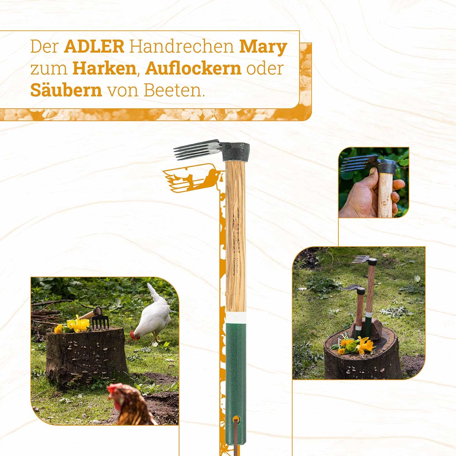 ADLER Mary Handrechen Gartenrechen Eschenstiel Hochbeet Grün 45 cm | Geschmiedeter C45-Kopf mit fünf Zähnen zum Harken und Auflockern Made in Germany