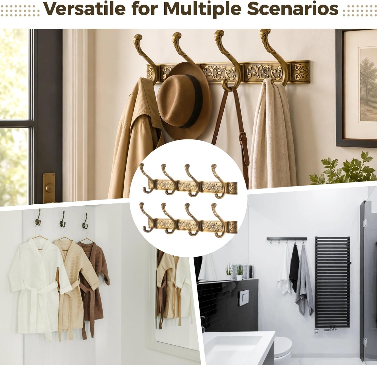 2 Pack Wall Mount Coat Rack, Heavy Duty Coat Rack with 4 Hooks, Vintage Aluminum Clothes Hooks for Hanging Coats Hats Towels, Wall Key Holder for Entryway Bathroom Bedroom