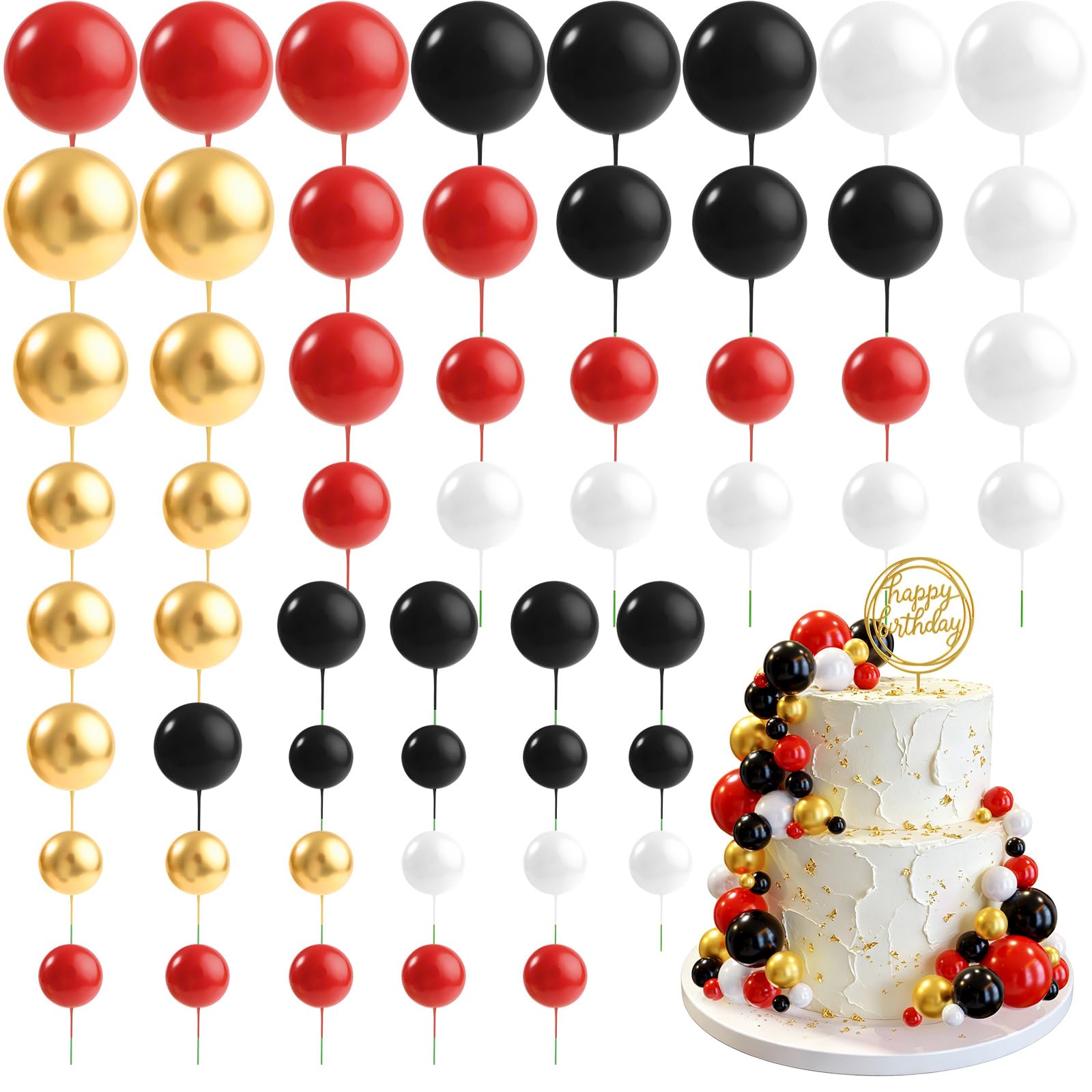 CHRORINE 55 Pcs Balls Cake Topper Decorations Mini Balloon Cupcake Toppers Foam Balls for Cake Decorating Birthday Parties Weddings Anniversary Baby Shower (Red Black White Gold)
