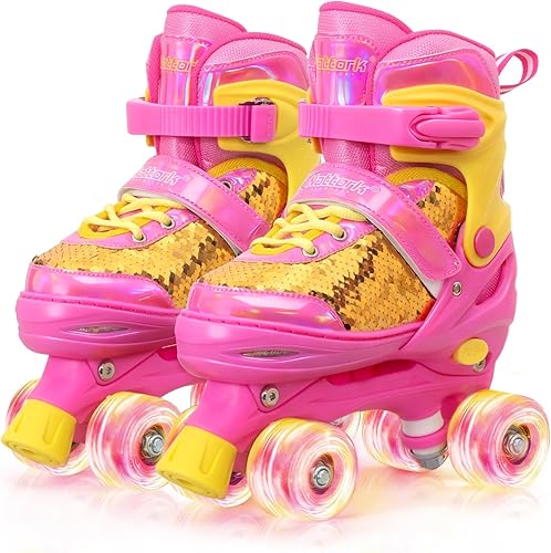 Miniatura 8 de Nattork Patines de ruedas para niños y niñas, 4 tamaños ajustables, patines cuádruples con lentejuelas y todas las ruedas iluminadas para niños
