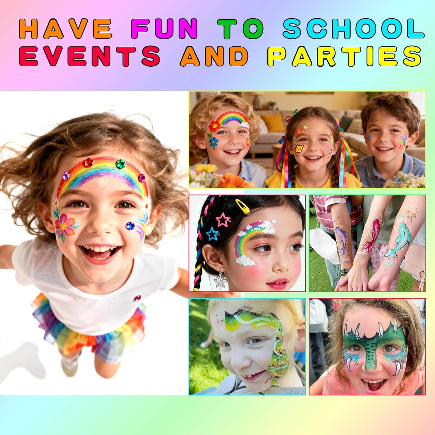 Rainbow Face Paint Makeup Kit,Professional Easter Face Panting Kit,12 Split Cake One Stroke Set with 8 Brushes Stencil Stickers,124g/4.37oz Washable Facepaint for Halloween Children Party