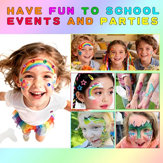 Rainbow Face Paint Makeup Kit,Professional Easter Face Panting Kit,12 Split Cake One Stroke Set with 8 Brushes Stencil Stickers,124g/4.37oz Washable Facepaint for Halloween Children Party