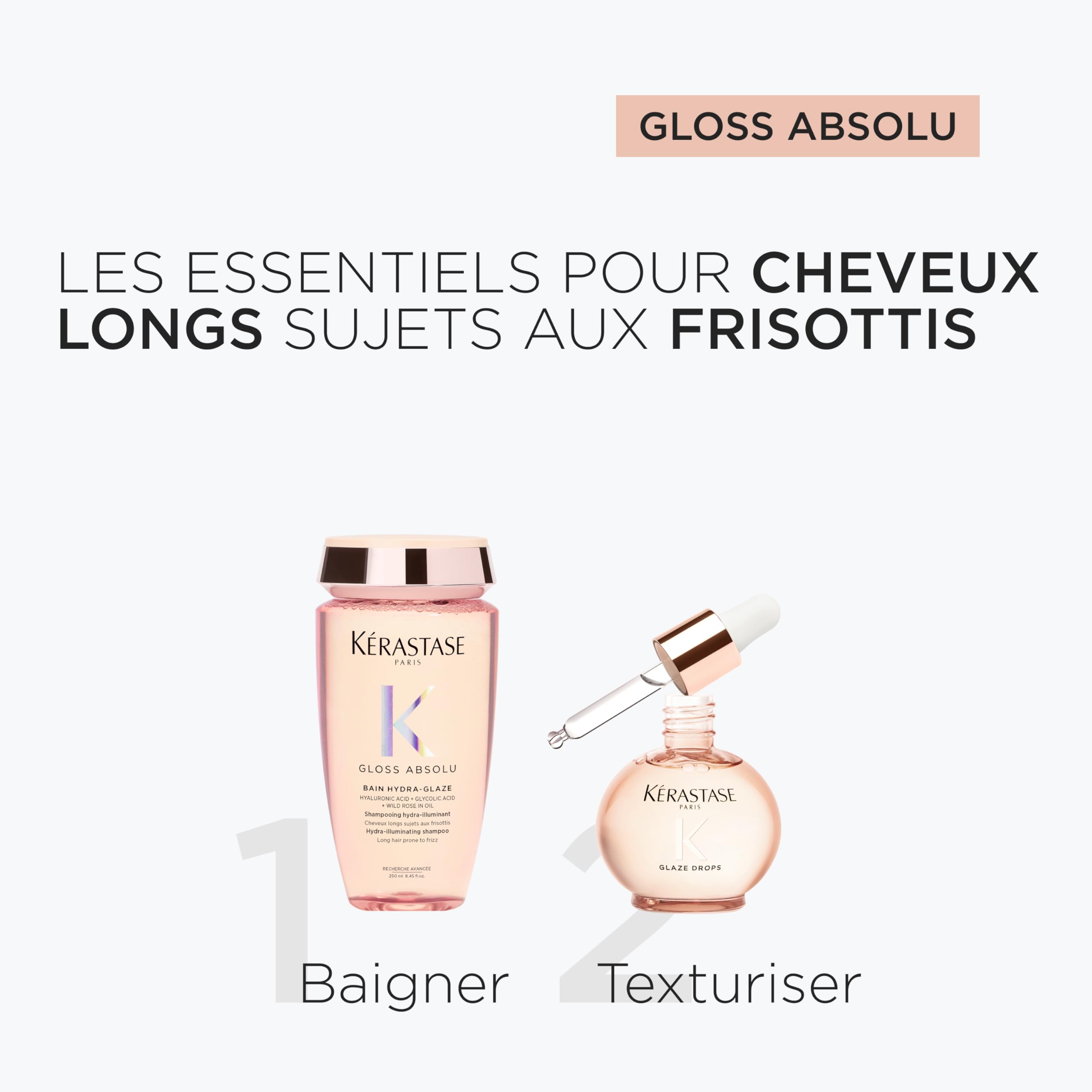 KERASTASE Gloss Absolu - Duo Shampoing Bain Hydra-Glaze 250 ml + Huile Glaze Drops 45 ml - Hydrate, Adoucit & Discipline - Légèreté Aérienne - Effet Ultra-Glossy - Cheveux Longs Sujets aux Frisottis