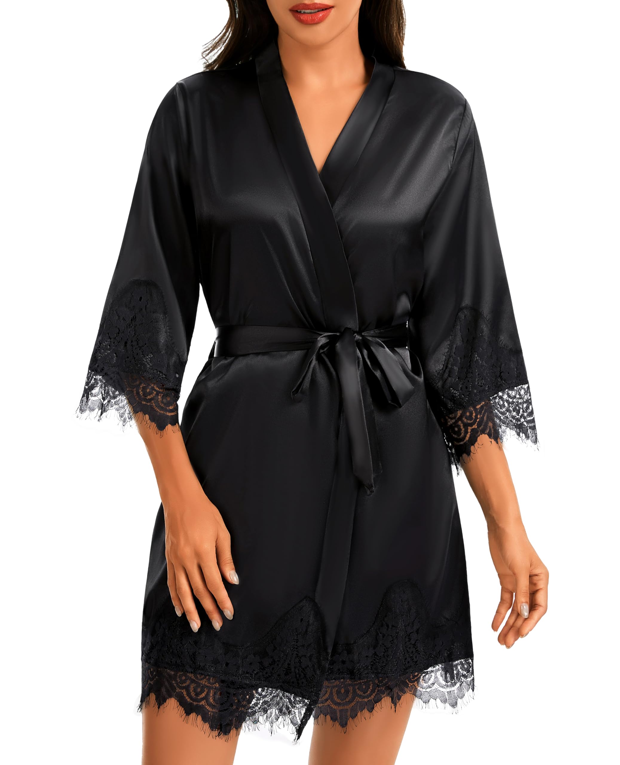 Lovasy Kimono in Raso da Donna Corta Sposa in Pizzo Accappatoi e Vestito Seta Vestaglia Sexy Leggero Scollo a V con Cintura Abito da Damigella d'Onore