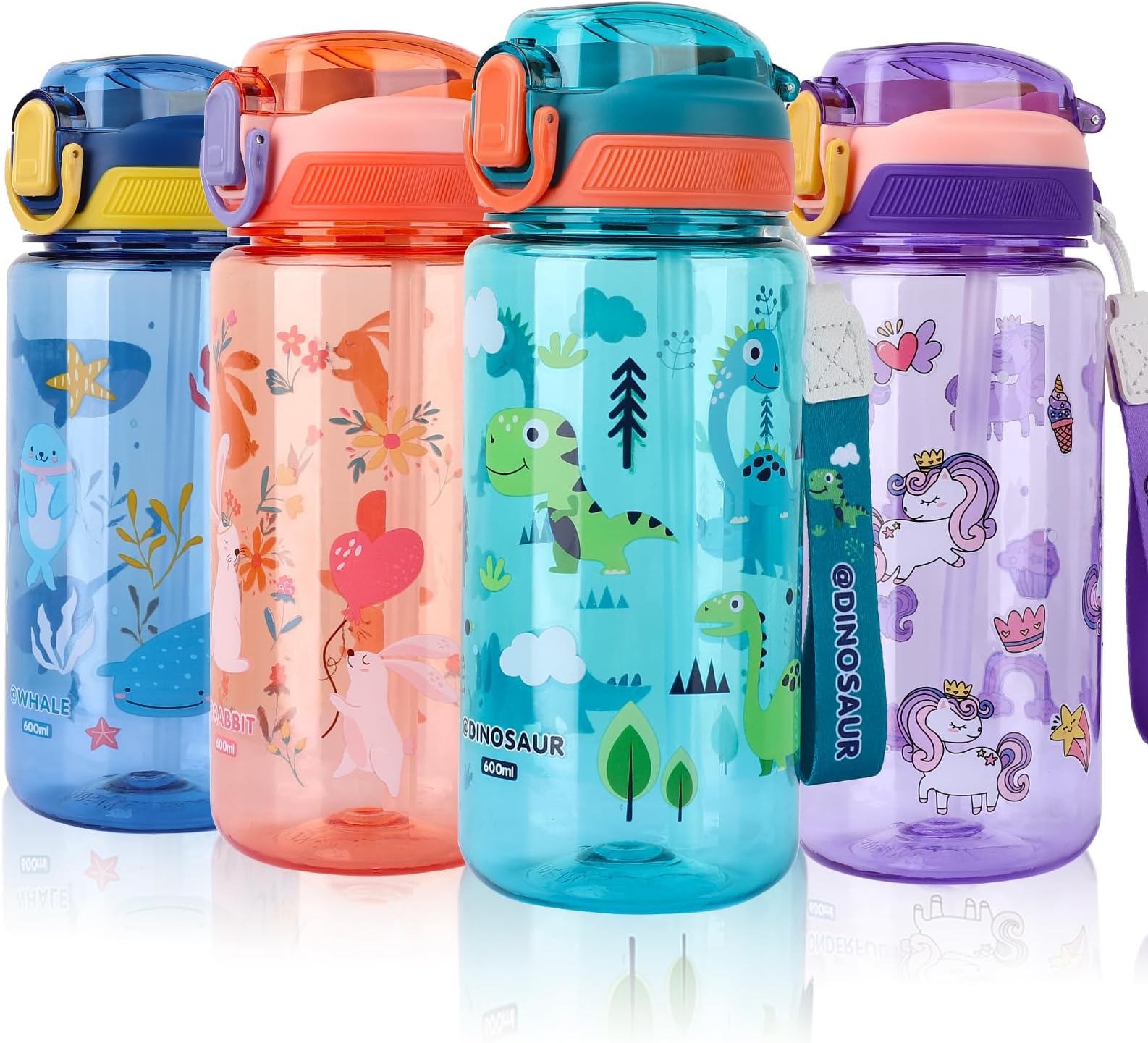 Kids Water Bottles With Straw,600ml Toddler Drinks Bottle for School,Leakproof Children's Bottle BPA free Tritan Sport Bottle for Girls Boys (Green-dinosaur)