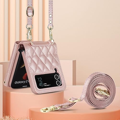 Miniatura 9 de Funda para Samsung Galaxy Z Flip 4, monederos para teléfono con bandolera y correa de pulsera, funda de piel sintética con bloqueo RFID (oro rosa)