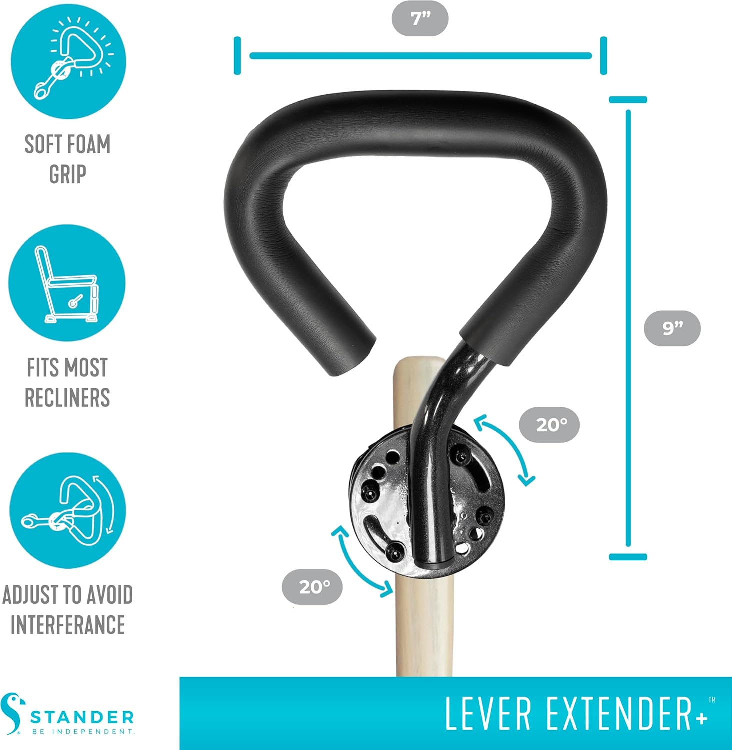 Stander Recliner Lever Extender Plus, Oversized Padded Grip Handle for Easy Chairs, Extension with Ergonomic Curve Grab Bar for Seniors and Elderly, Compatible with Wooden-Recliner Handles