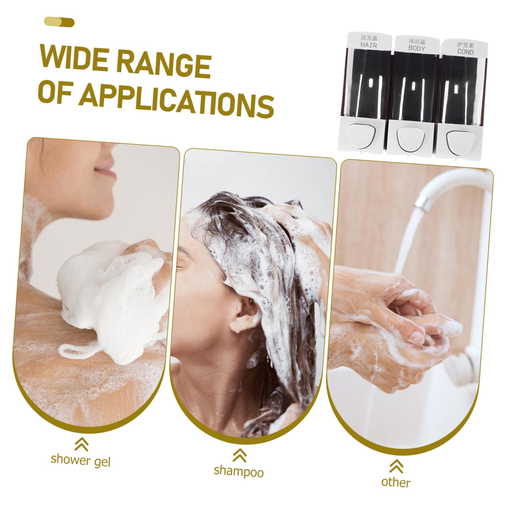 Dispenser da Doccia a Parete 3 Scomparti, Abs, 1050ml, Facile da Installare, per Shampoo e Bagnoschiuma in Casa e Ristorante