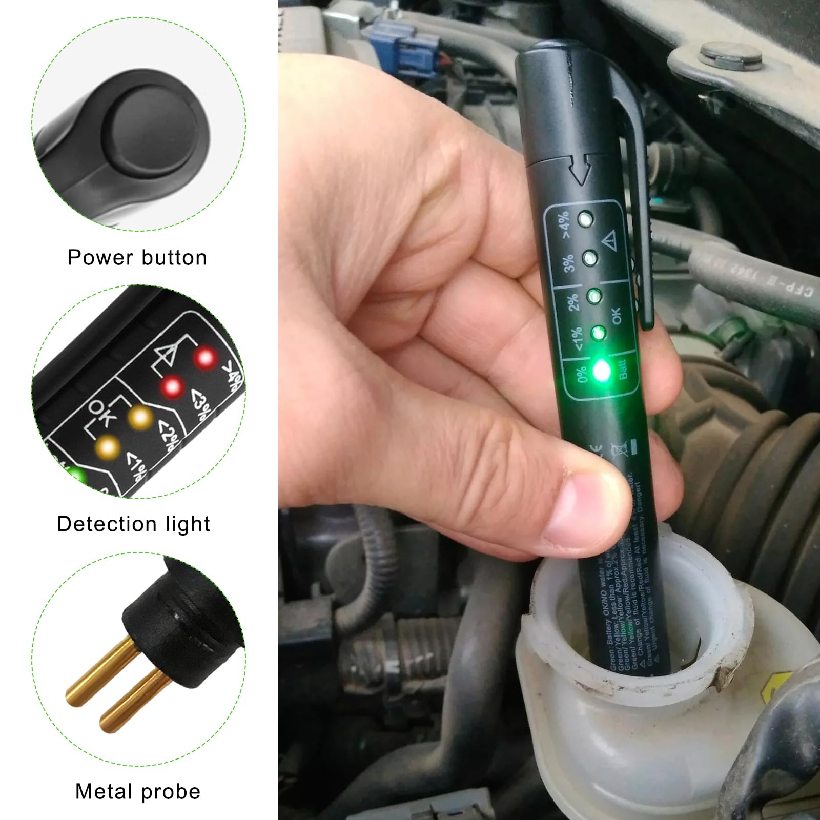 Penna tester liquido freni DOT 3 DOT 4 DOT 5.1 penna per test diagnostici per liquido freni, analizzatore di umidità dell'olio idraulico ad alta precisione con 5 indicatori LED