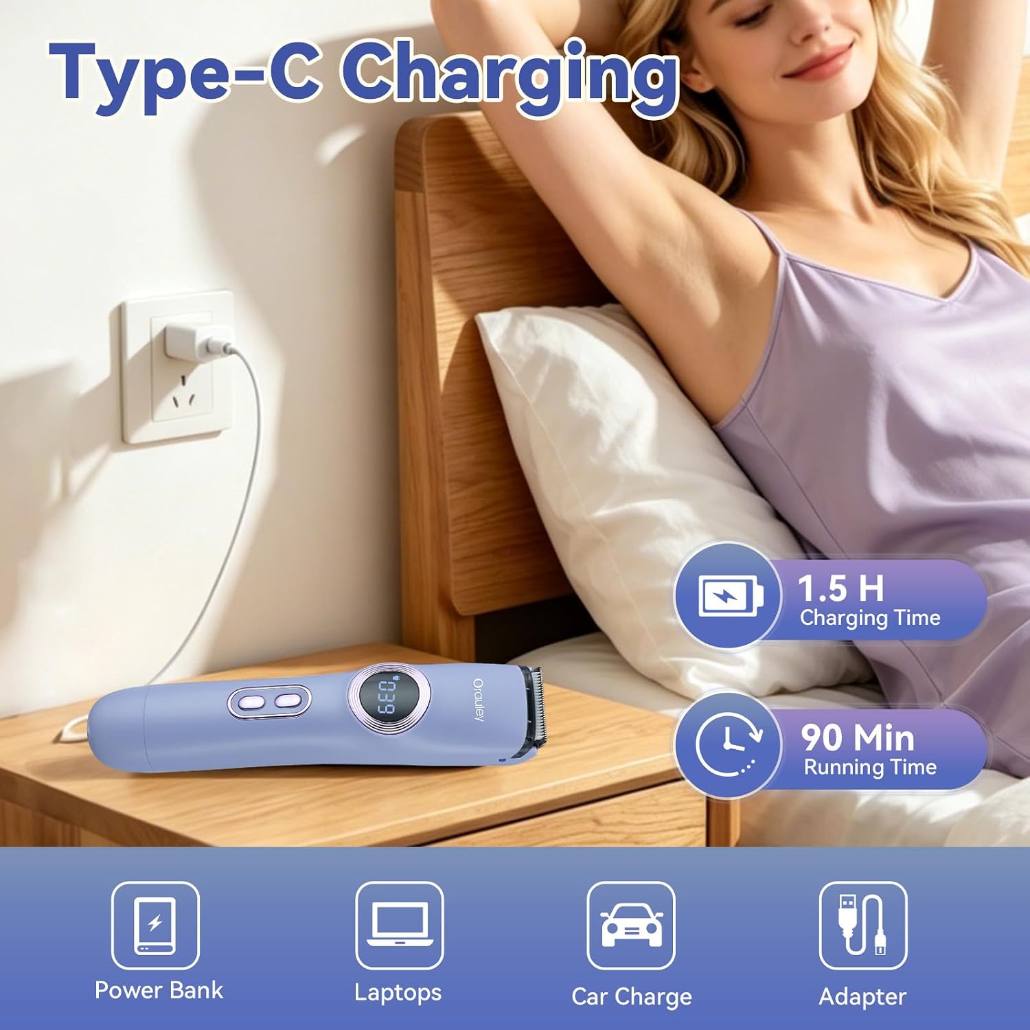 Bikini Trimmer for Women - 2 in 1 Bikini Shaver with LED Light, Electric Razors for Women Cordless Body Hair Trimmer Painless Bikini Razor for Face Chin Pubic Underarm Legs, Elegant Purple