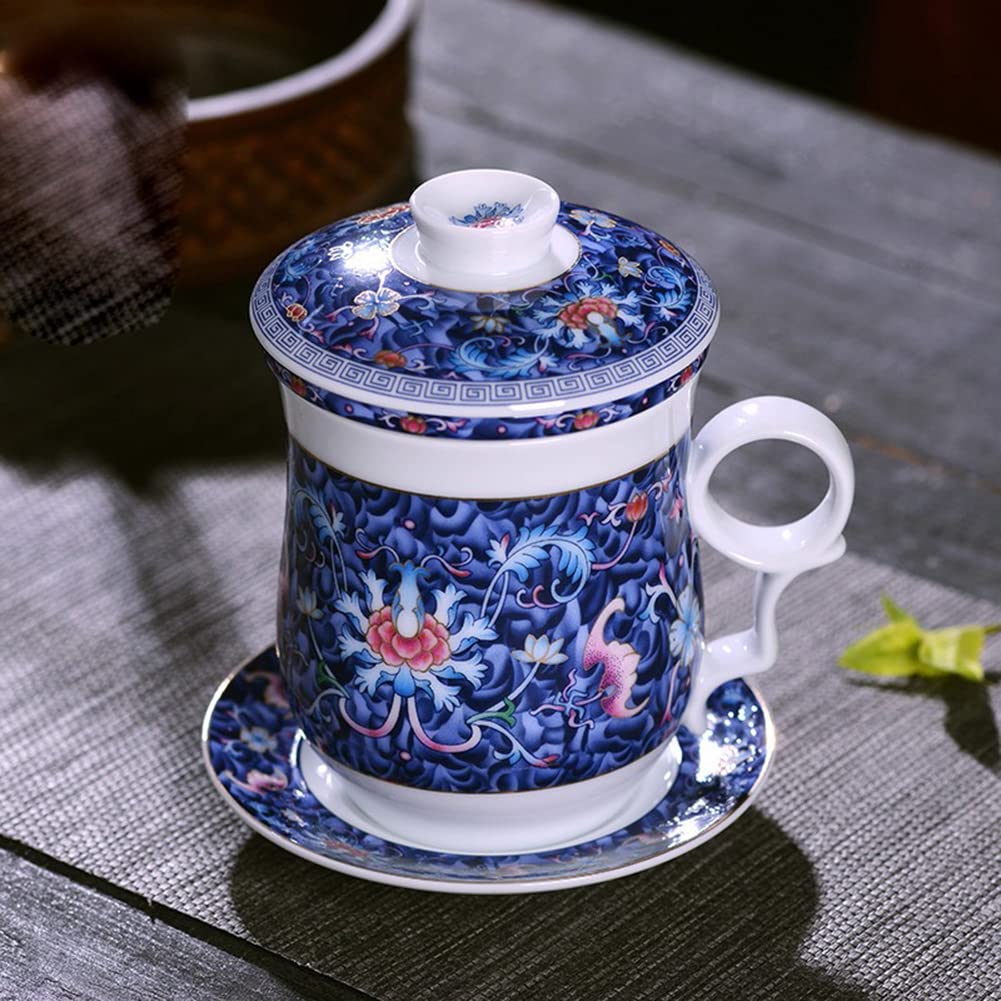 yesTGE Tazza da tè Tazza con Filtro in Ceramica con Coperchio, Tazza da tè Regalo in Quattro Pezzi Jingdezhen, Servizio da tè in Porcellana Blu e Bianca, Fiore di Loto