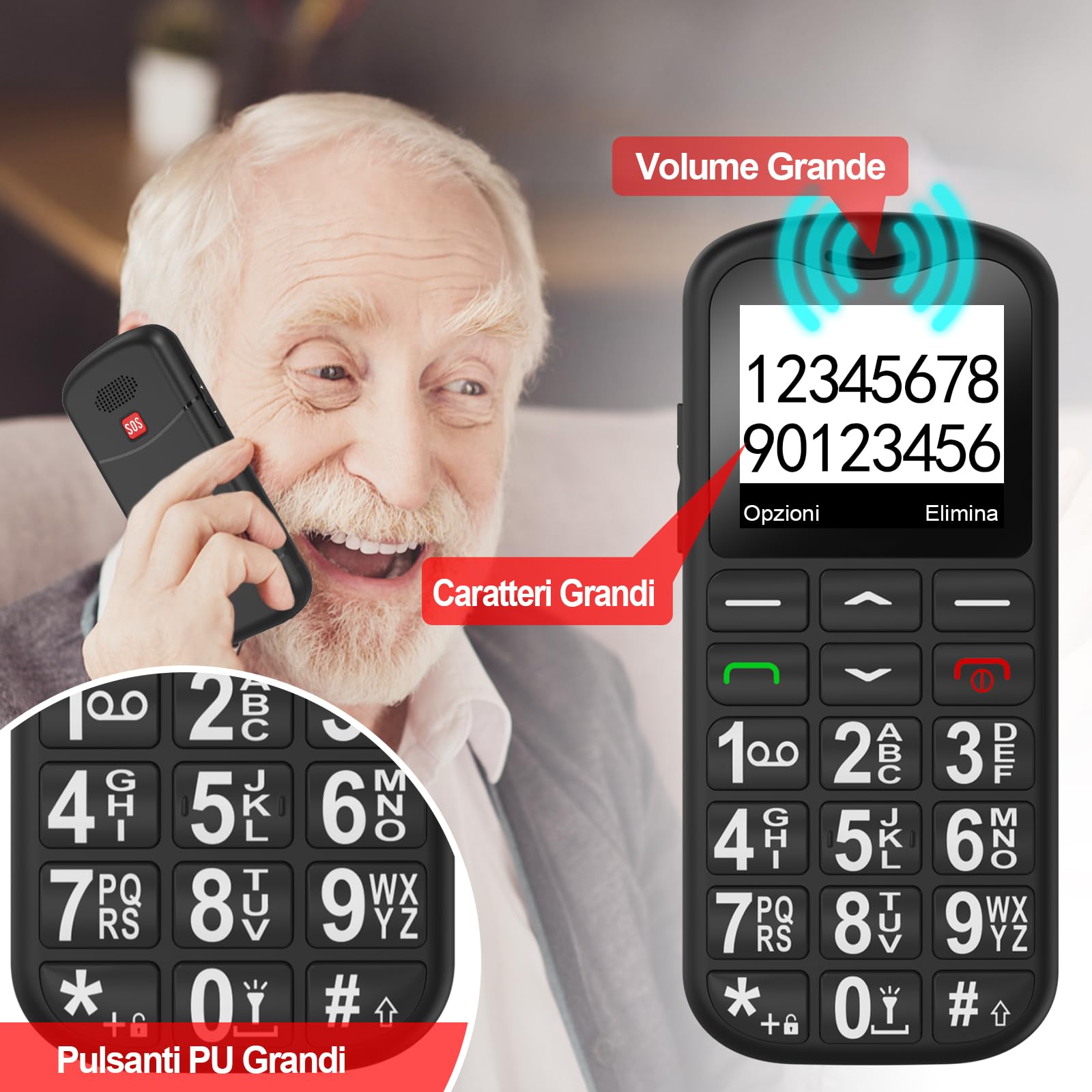 CHAKEYAKE Telefono Cellulare per Persone Anziane, GSM Dual Sim con Tasti Grandi e Facile da Usare | Funzione SOS,Batteria di Grande Capacità | Volume Alto Con Base di Ricarica | Nero