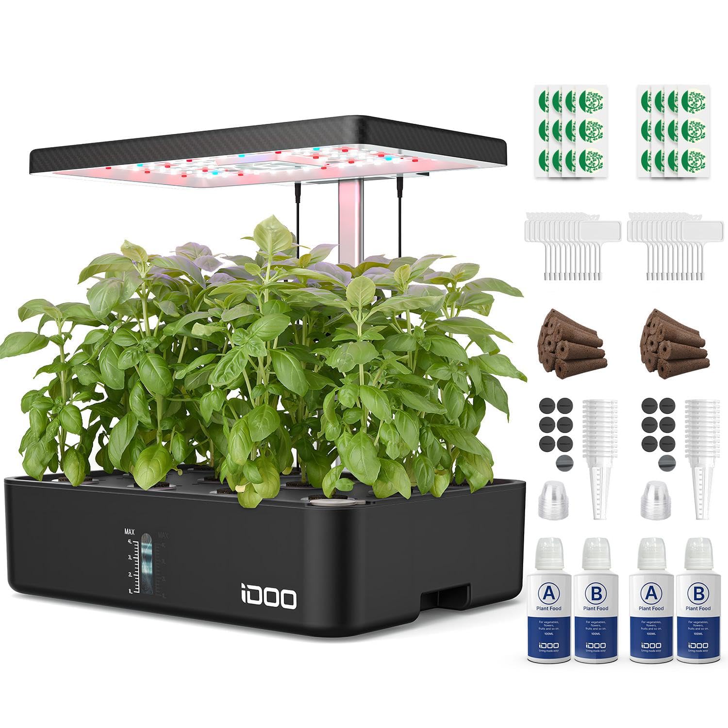 iDOO Hydroponics Growing System Kit 12Pods, Christmas Gifts for Women Mom, Herb Garden Indoor with LED Grow Light for Home, Built-in Fan, Auto-Timer, Adjustable Height Up to 11.3", 12Pods Kit-Black