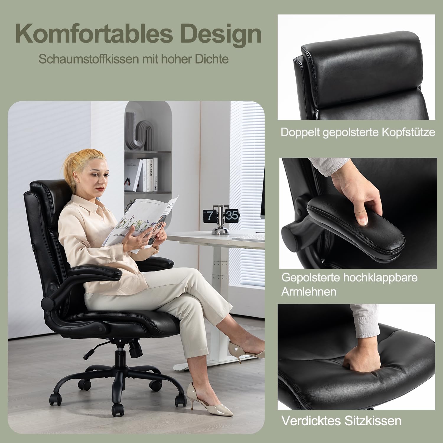 CLATINA Bürodrehstuhl Aus Echtleder – Höhenverstellbar, Ergonomisch Mit Armlehnen, Für Homeoffice & Büro