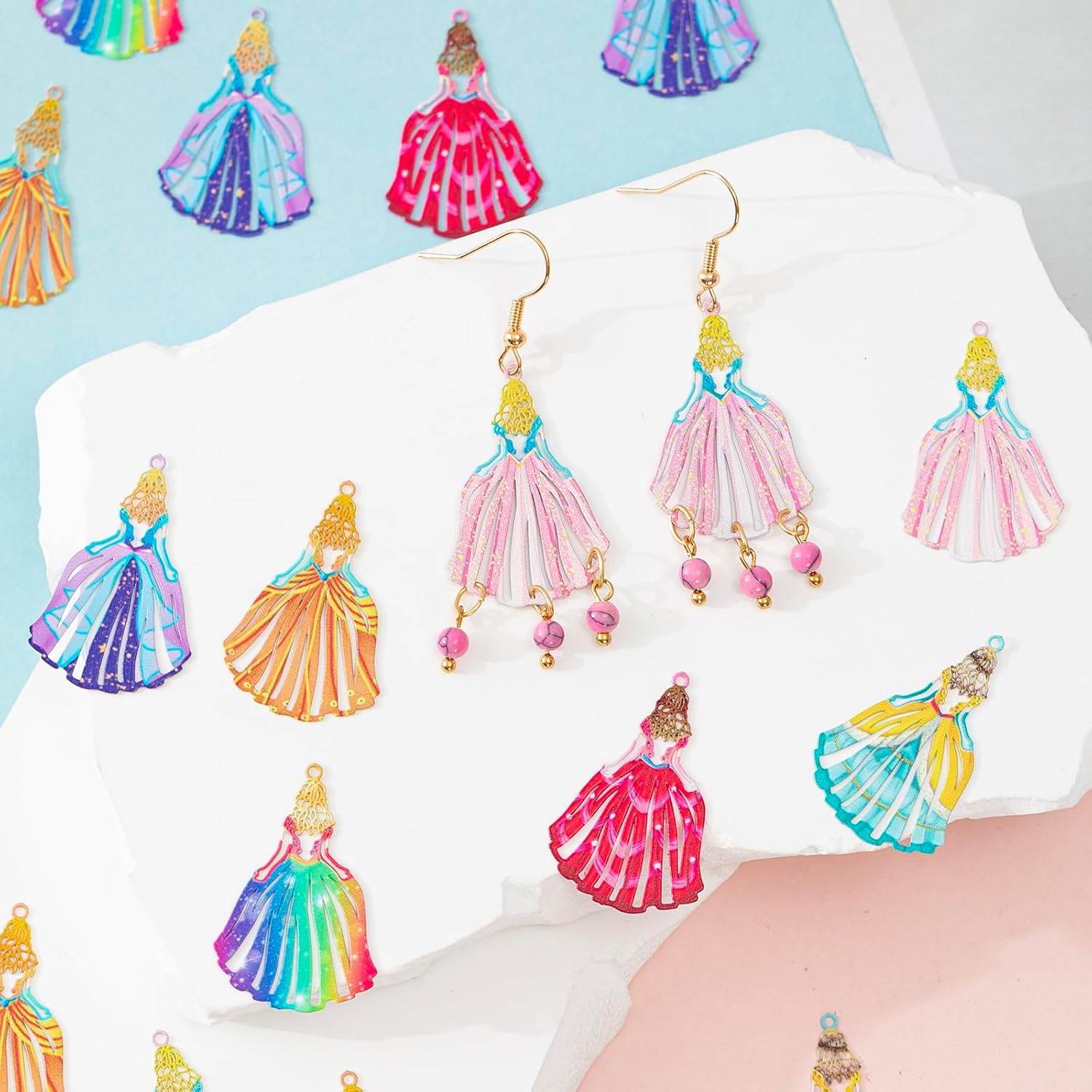 48pcs Hollow Princess Dress Charms Multicolor Princess Pendants Colorful Jewelry Making Accessories for Earrings Bookmarks Packaging Décor Hanging Décor - Image 6