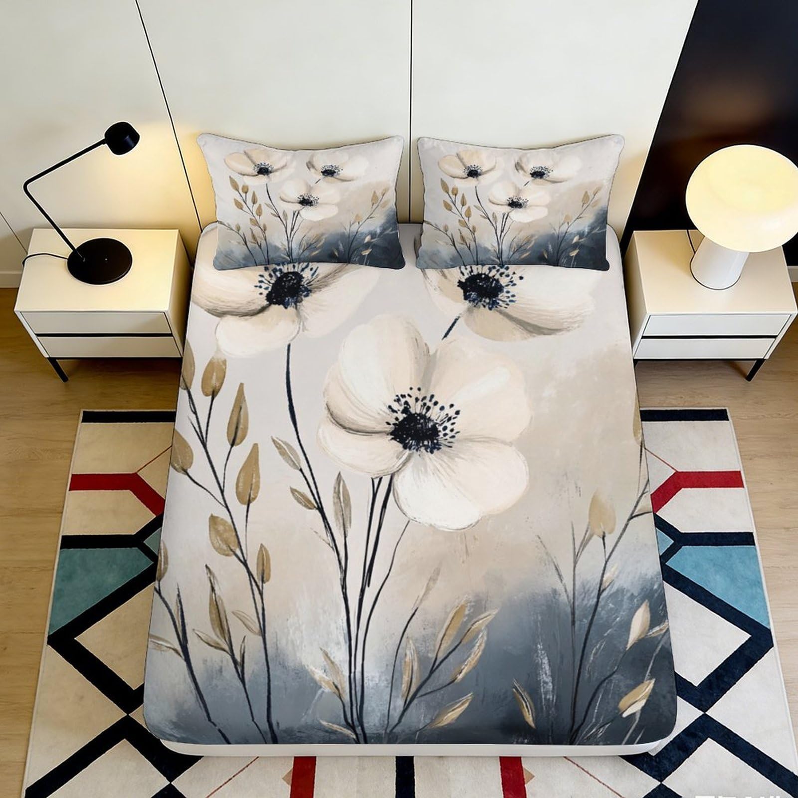 3D Printed Beige Floral Fitted Sheet Microfiber Artistic Botanical Mattress Cover for Bedroom Guest Room Decor Protection 90x200x25cm