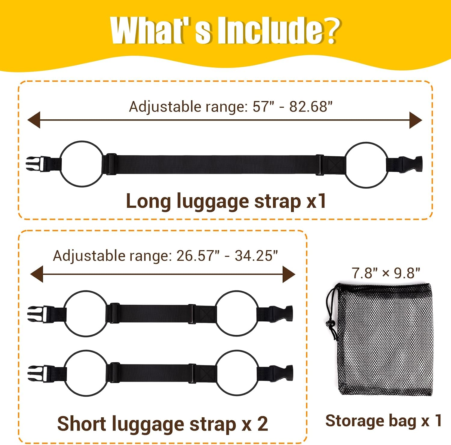 Luggage Straps for Suitcases, 3 PCS Adjustable Luggage Connector Straps, Suitcase Straps Set (1 Long + 2 Short) with Storage Bag, Hold Suitcases Together & Add a Carry On Bag for Travel