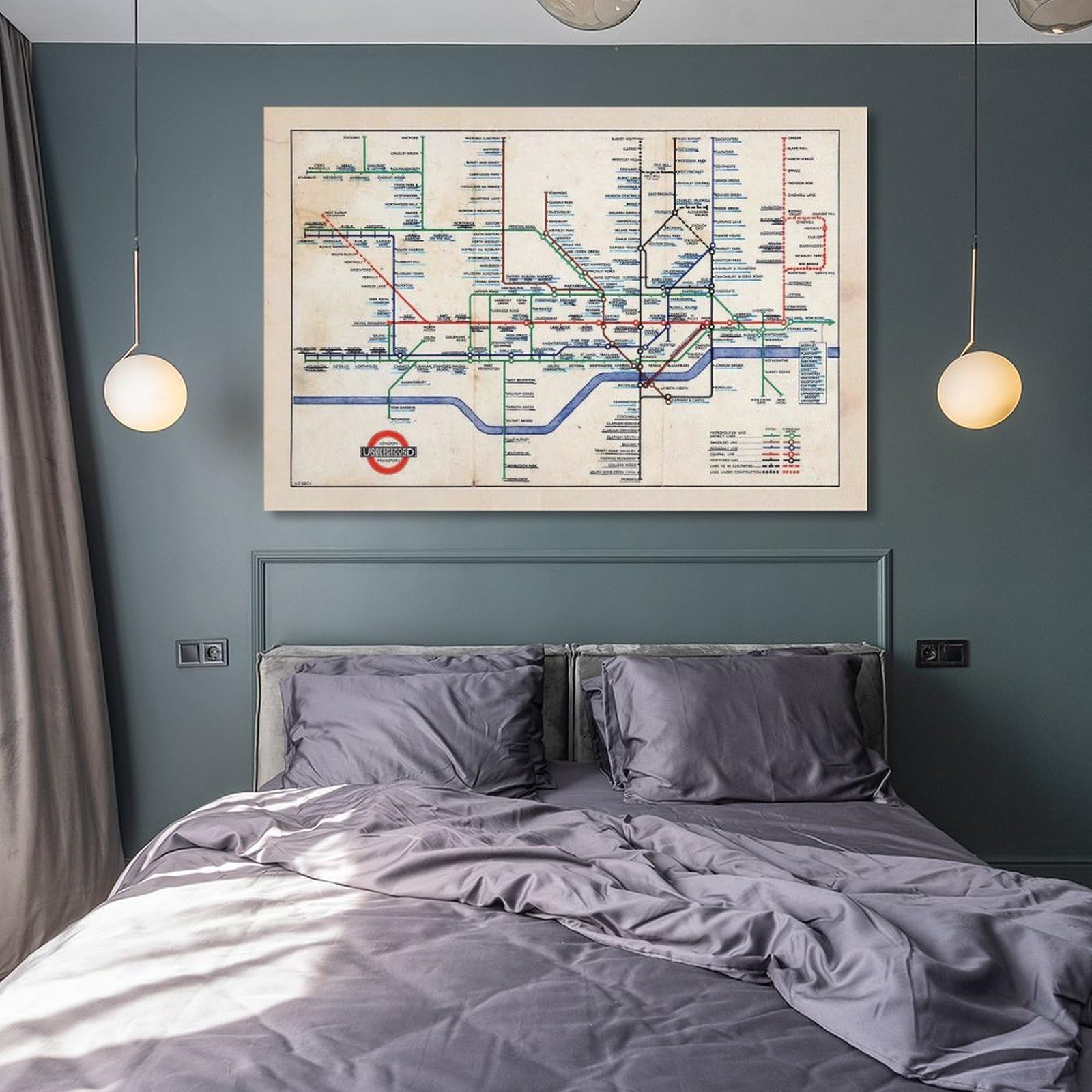 Generic Lienzo decorativo con mapa retro del metro de Londres de 1947, escala de grises, 60 x 90 cm, mapa histórico, perfecto para sala de estar, dormitorio, oficina, etc.