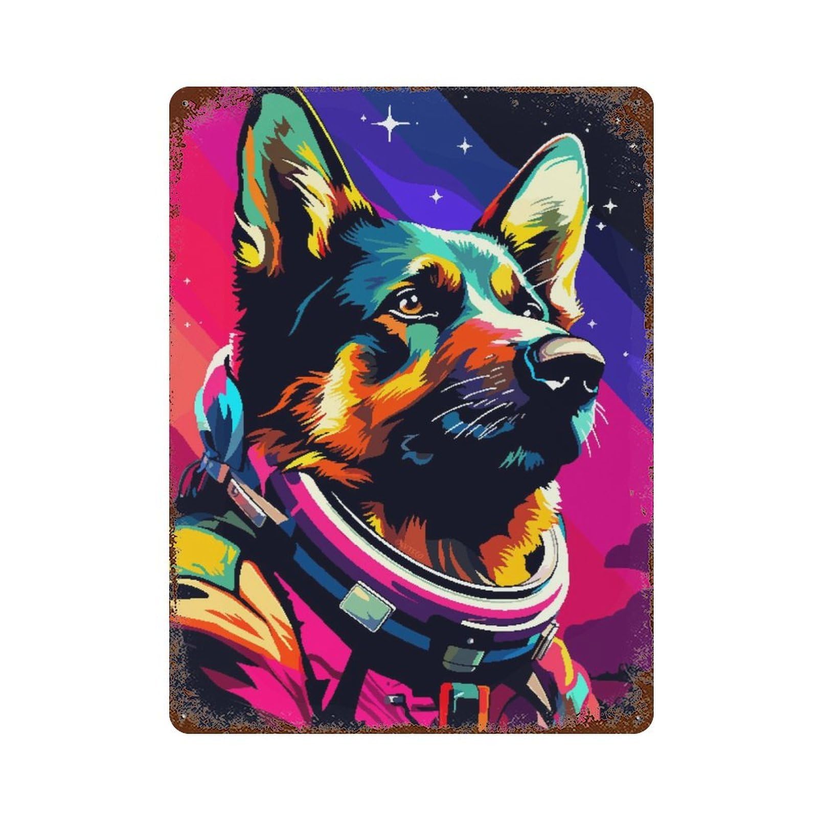 Vintage Rust Metal Sign with German Shepherd Astronaut Design 15.7"x11.8", for Shed, Workshop And Garage Wall Decor, Classic Wall Plaque