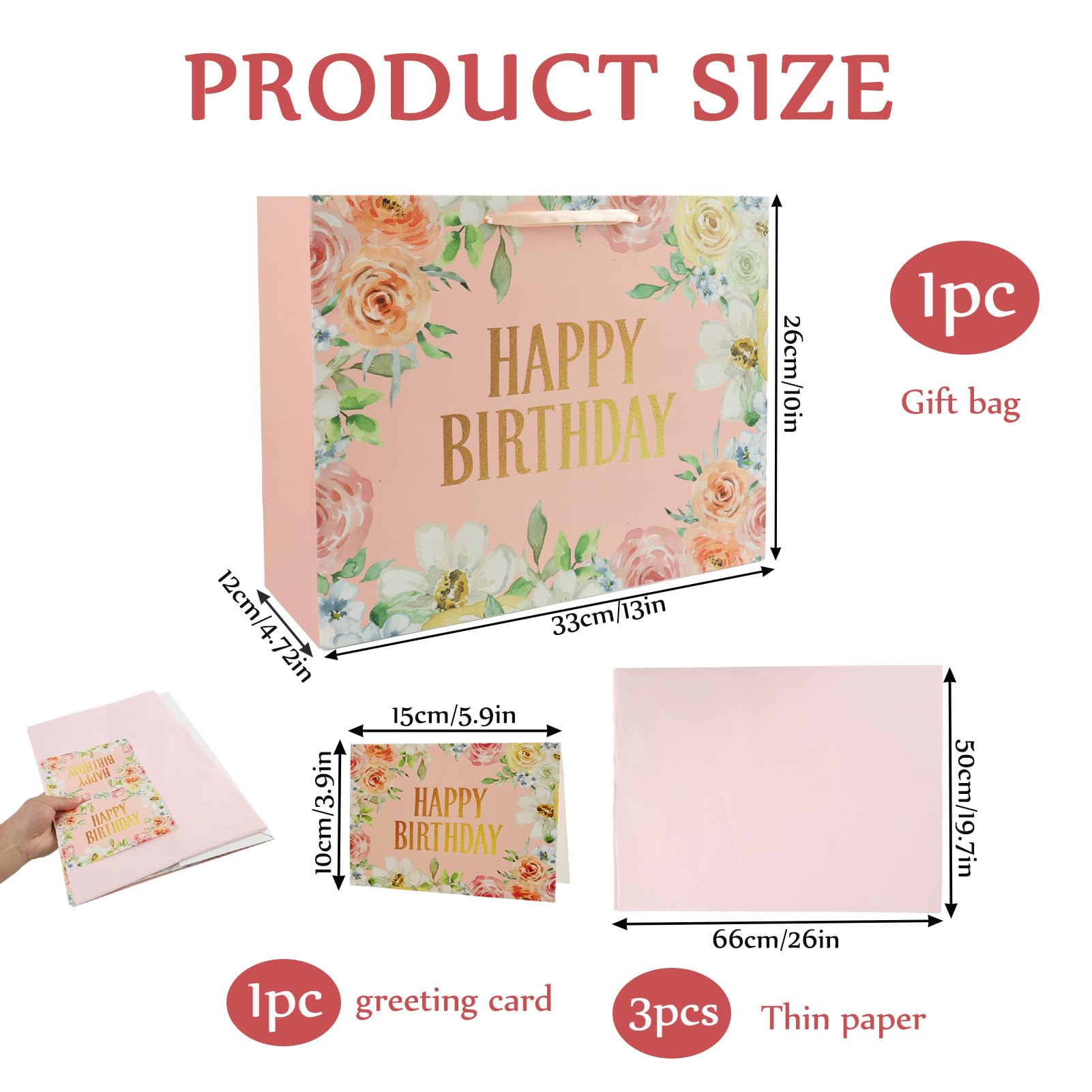LUCTHY Large Birthday Gift Bag with Handles, 3 Tissue Papers, Card, Pink-1 - Image 2