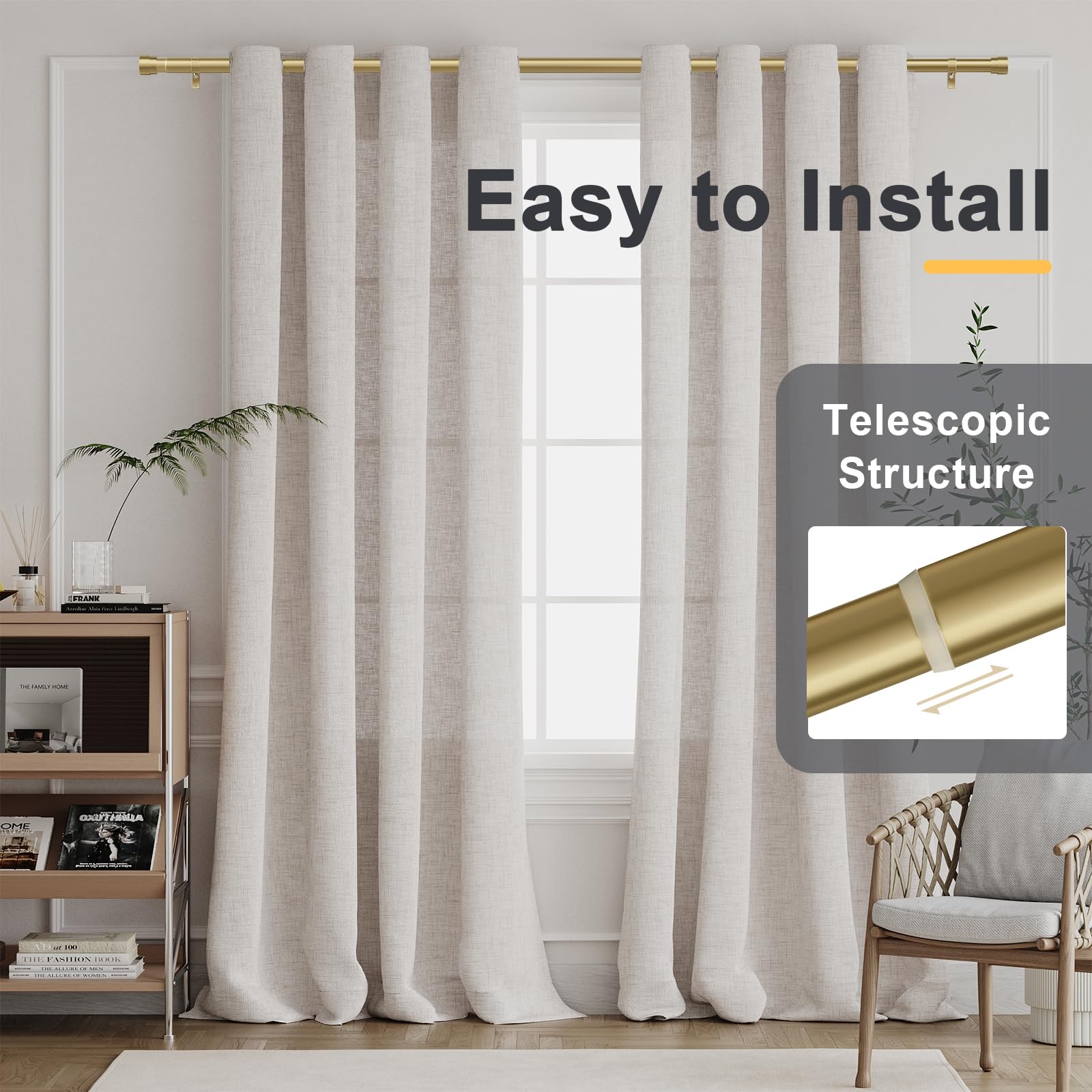 BellaHills 2 Pezzi Bastone per Tende Regolabili, 76-269 cm, Diametro 25 mm, Asta Estensibile con Staffe Regolabili, per Camera da Letto e Soggiorno, Oro