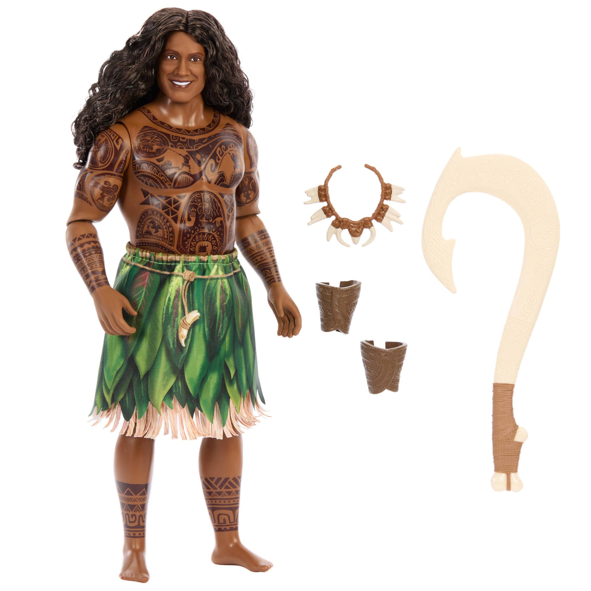 Mattel Mattel Disney Vaiana Maui Lalka do ustawiania w różnych pozach, zdejmowane ubranko, kręcone włosy, hak i 3 akcesoria, inspirowana filmem aktorskim zabawka dla dzieci 3+, JLV16