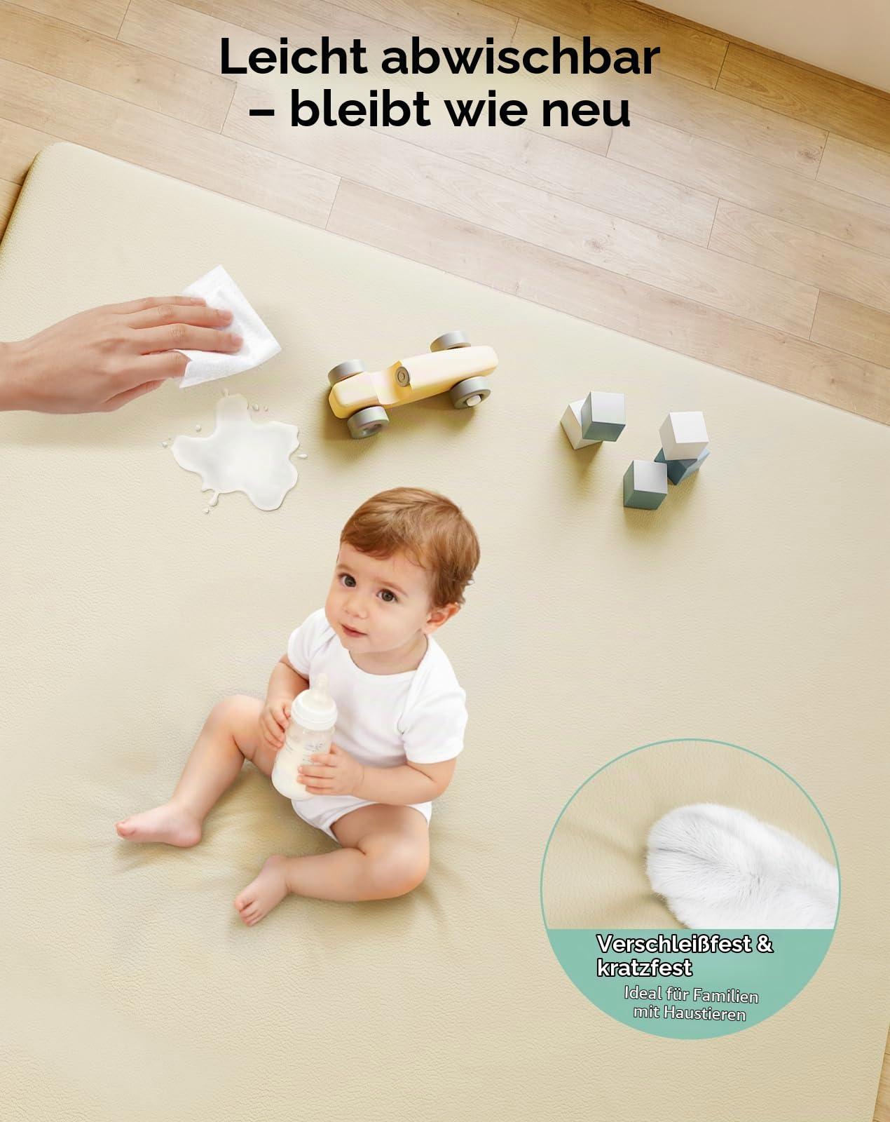 COMOMY Veganes Leder Krabbelmatte Baby, 127x127x3 cm Krabbeldecke für Baby, Extra Dicke und Weiche Schaum Spielmatte Baby Kinder, Wasserdicht & Rutschfeste Baby Play Mat für Laufstall (Elfenbein)