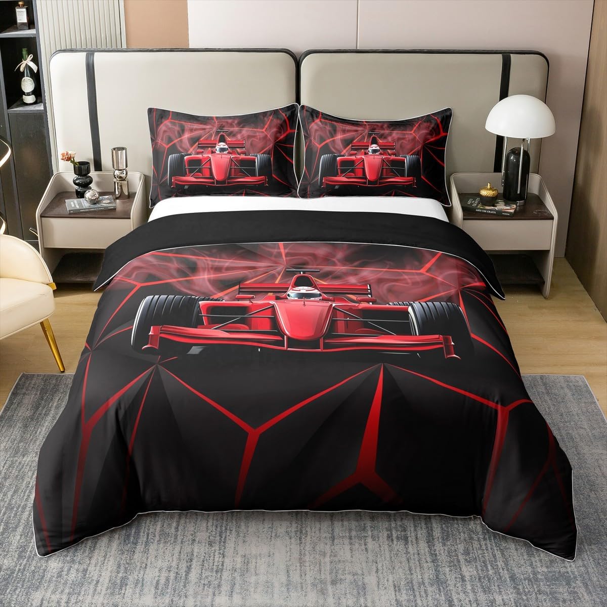 Race Car 100% Cotton Duvet Cover Twin Size Boys Speed Sports Car Comforter Cover for Kids Girls Teens Red Black Bedding Set Breathable Extreme Sports Bedroom Decor Bedclothes