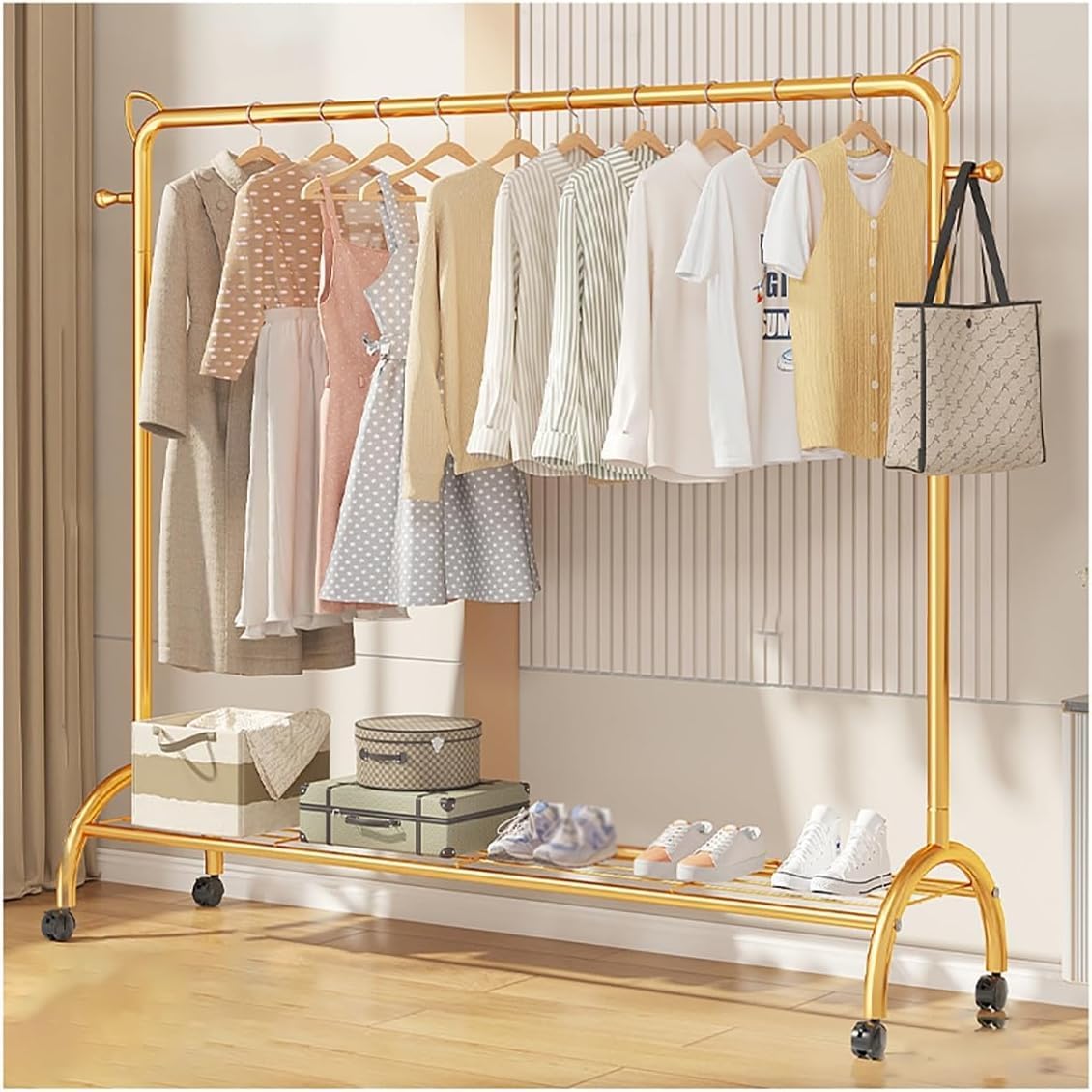 MYUYEE Clothes Rack On Wheels Metal Coat Rack Freestanding For Home Bedroom With 2 Hooks And Open Shelves, Easy To Assemble(150Cm Gold-Gold)