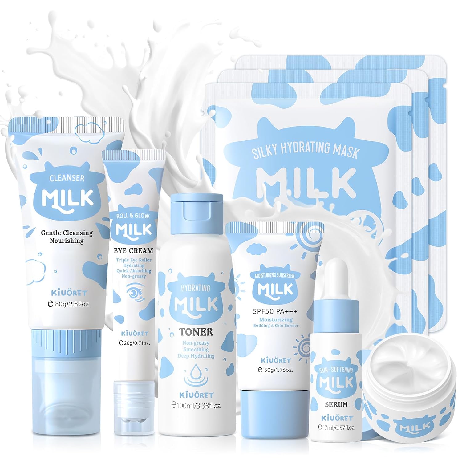 Milk Skin Care Set - 9PCS Milk Skin Care for Kids Ages 8-12 with Cleanser, Toner, Serum, Eye Cream, Face Cream, Sunscreen, Facial Masks - Deep Hydrating, Smooth & Delicate Skin for Girls & Women