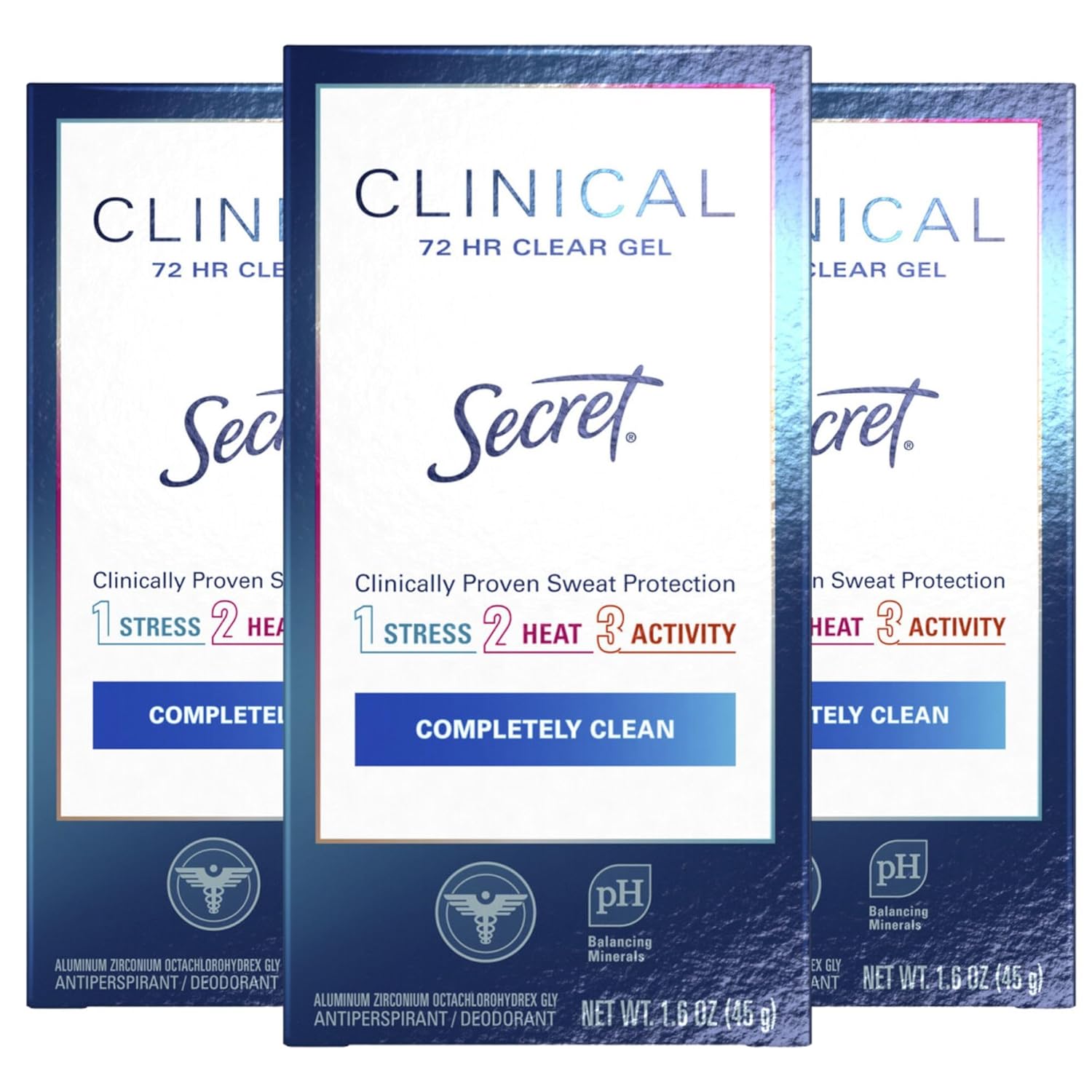 Secret Clinical Strength Clear Gel Antiperspirant and Deodorant for Women, Completely Clean, 1.6 oz (Pack of 3)