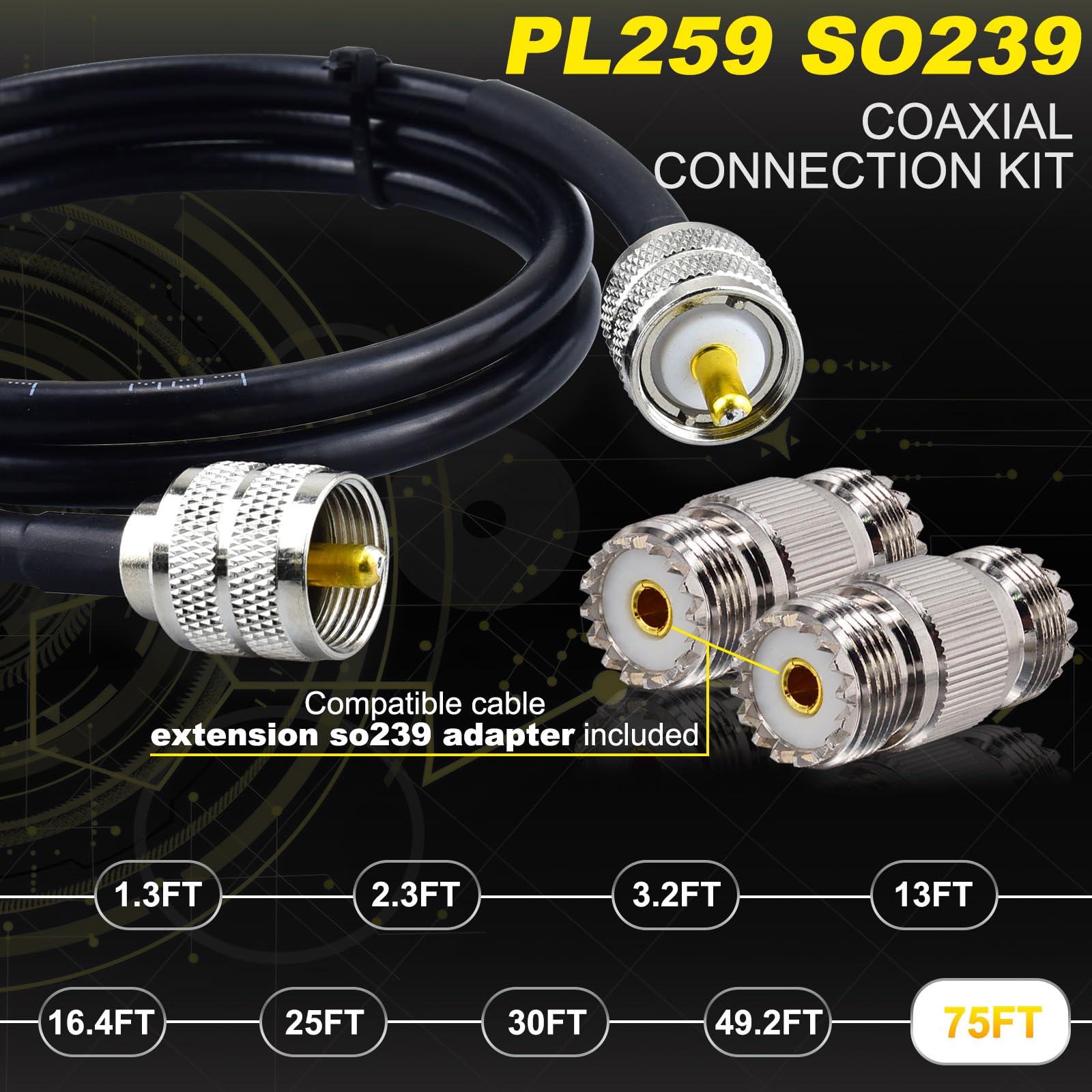 Cavo antenna CB 22,9 m, PL259 RG58, cavo coassiale UHF PL259 maschio + 2 adattatori femmina UHF SO239 da 50 Ohm per radio CB Ham, misuratore SWR, analizzatore antenna, radio HF, radio