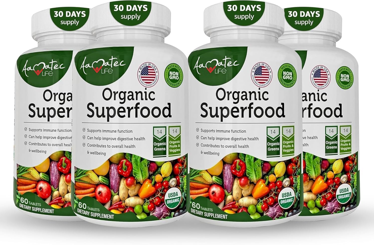 Organic Superfood Greens- 14 Fruits & Veggies 240ct | Family 4-Pack, Non-GMO, Antioxidant Support Blend