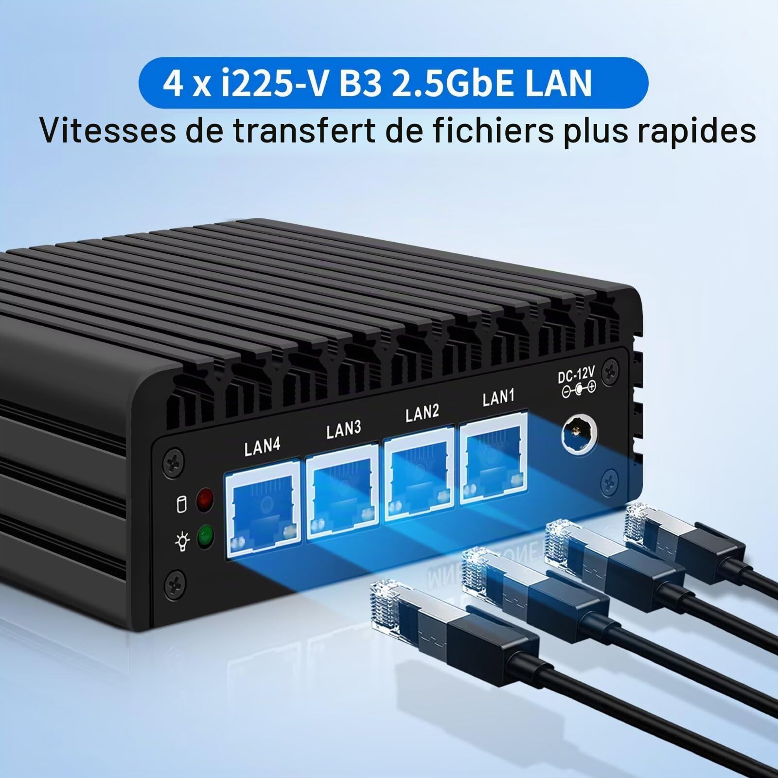 Micro Firewall Appliance, Fanless Mini PC J3710 4C/4T, 4X 2.5 GbE i225-V LAN,AES-NI,DDR3 8GB SSD 128GB Router Netzwerk Security USB3.0/HD/DP/Console RJ45 Port/Wi-FI, Dual Display