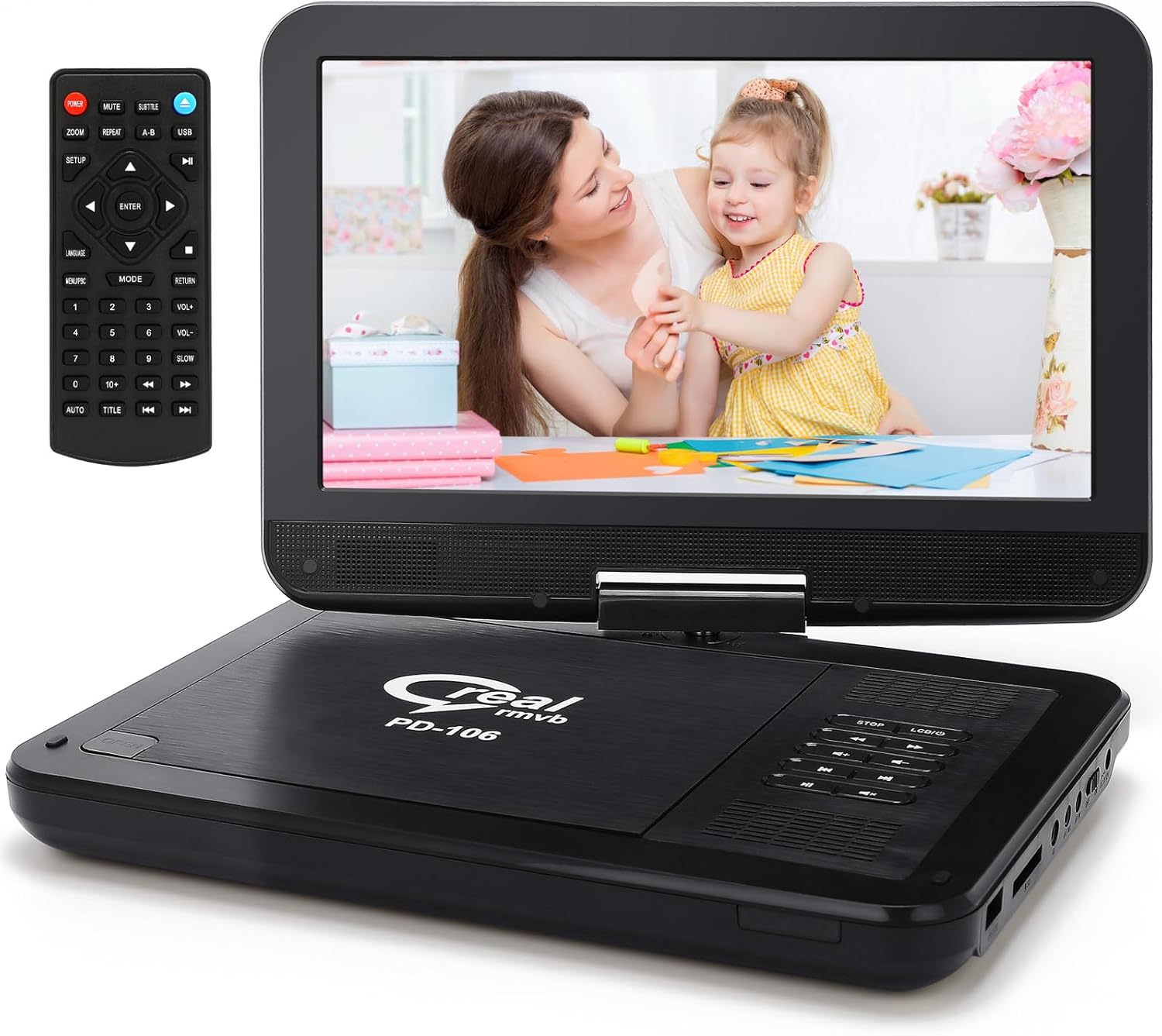 12.5" Portable DVD Player for Kids and Car with 10.1" Swivel Screen, 4-6 Hours Working Time, Car DVD Player with Dual Speakers, Remote Control, Support Sync TV, Region Free USB/SD/AV ((Black)