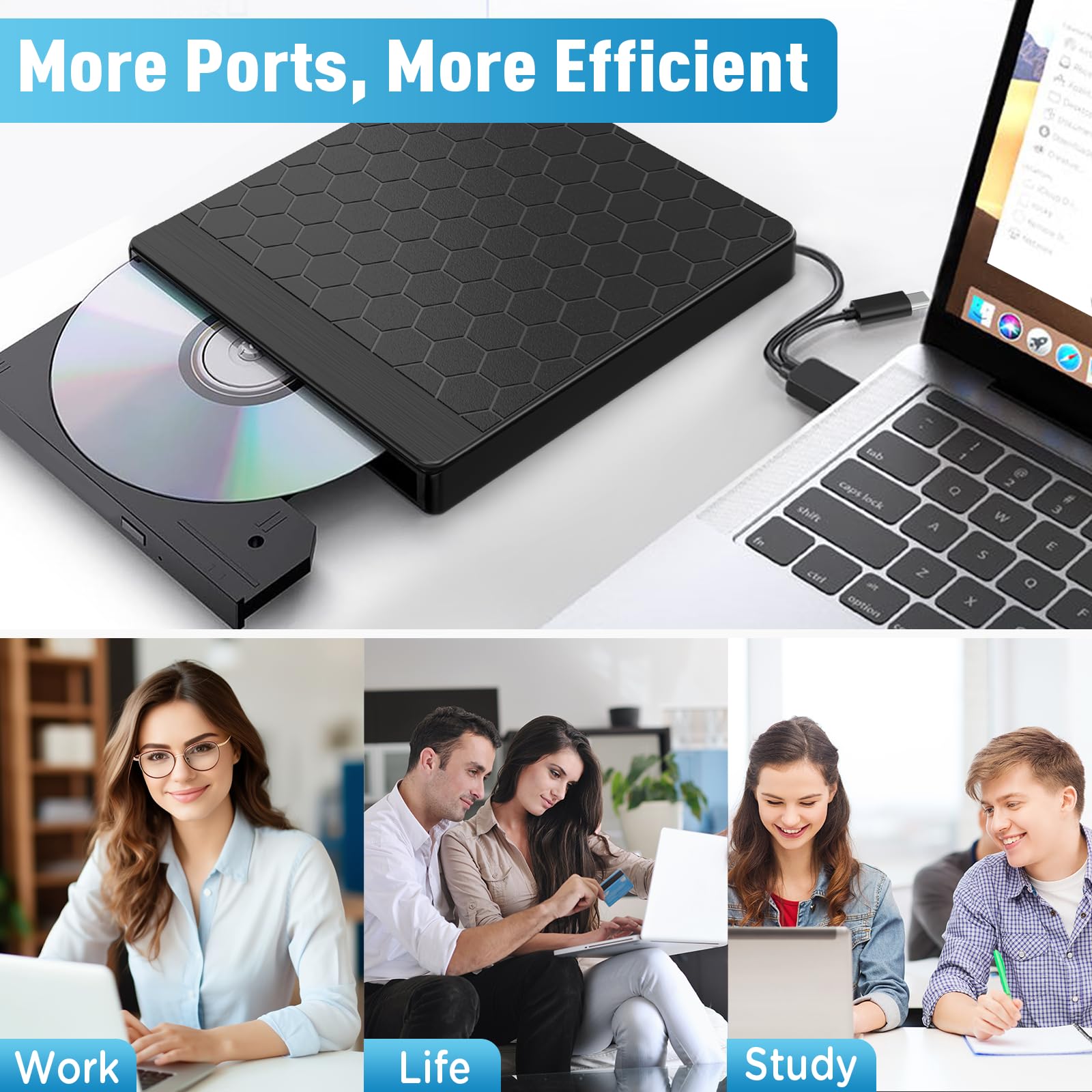 Zewnętrzny napęd DVD, zewnętrzny napęd CD USB 3.0 typu C, przenośny czytnik nagrywarek CD/DVD ze slotem SD/TF i 2 portami USB, napęd optyczny DVD do laptopa PC Mac OS MacBook Windows 11/10/8.1/7/Linux