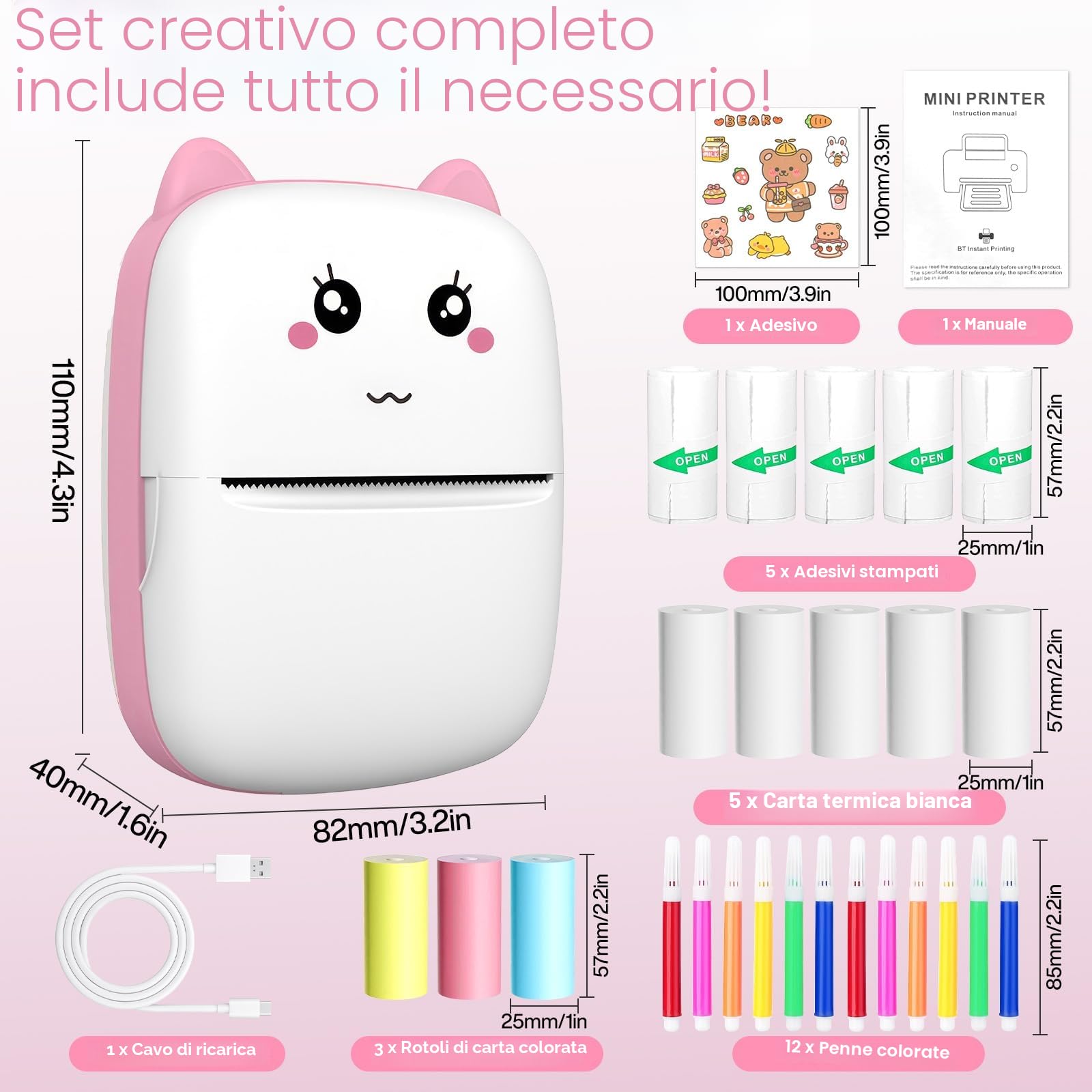 Mini Stampante Termica Portatile Bluetooth Senza Inchiostro per Smartphone, Stampa Foto, Etichette, Adesivi, Idea Regalo DIY (rosa)
