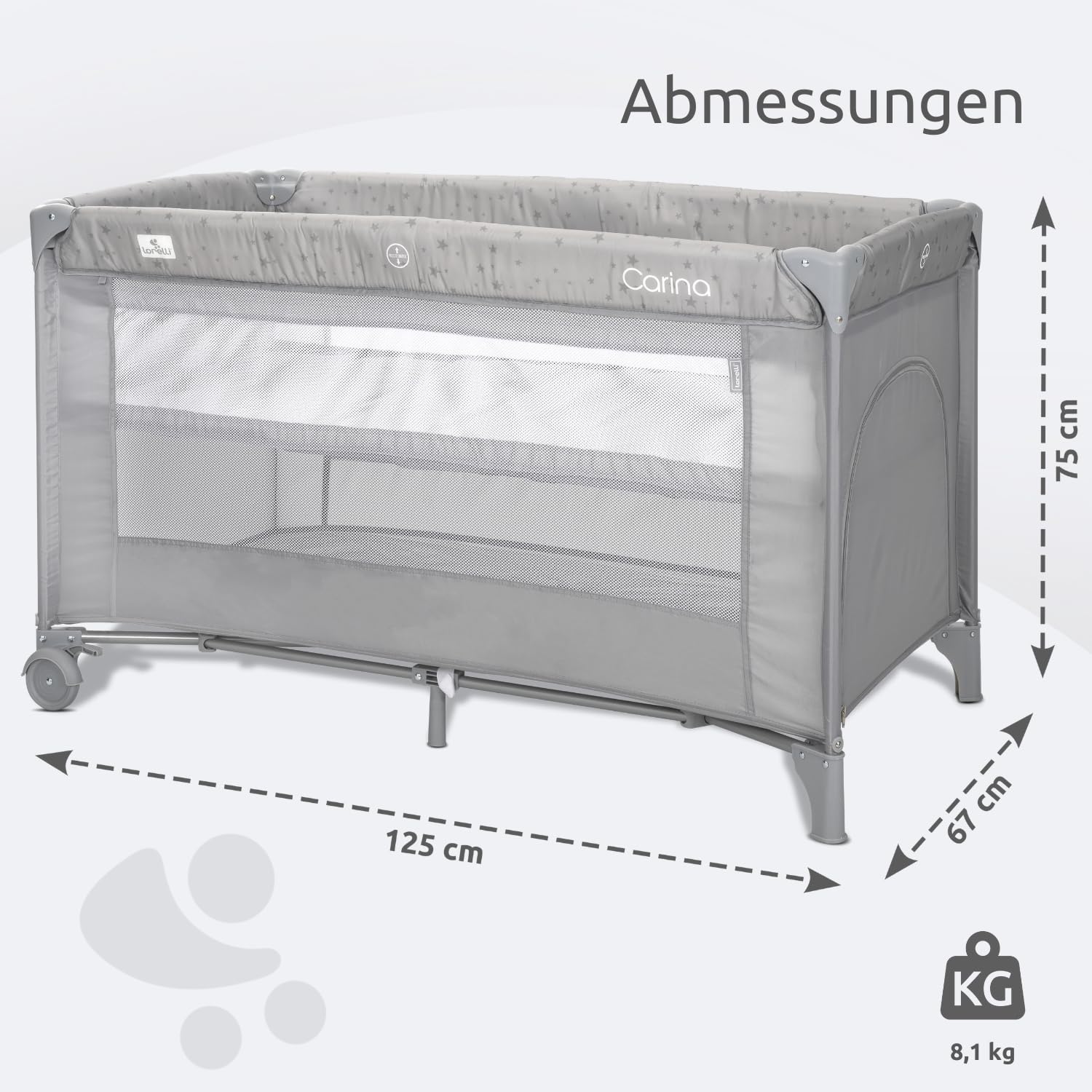 Lorelli 2 in 1 Babybett und Laufstall Carina 2 Ebenen mit Neugeborenen Einsatz und Seiteneingang, Kinderbett ab Geburt bis 15 kg, Baby Reisebett, faltbar inkl. Transporttasche, Grau