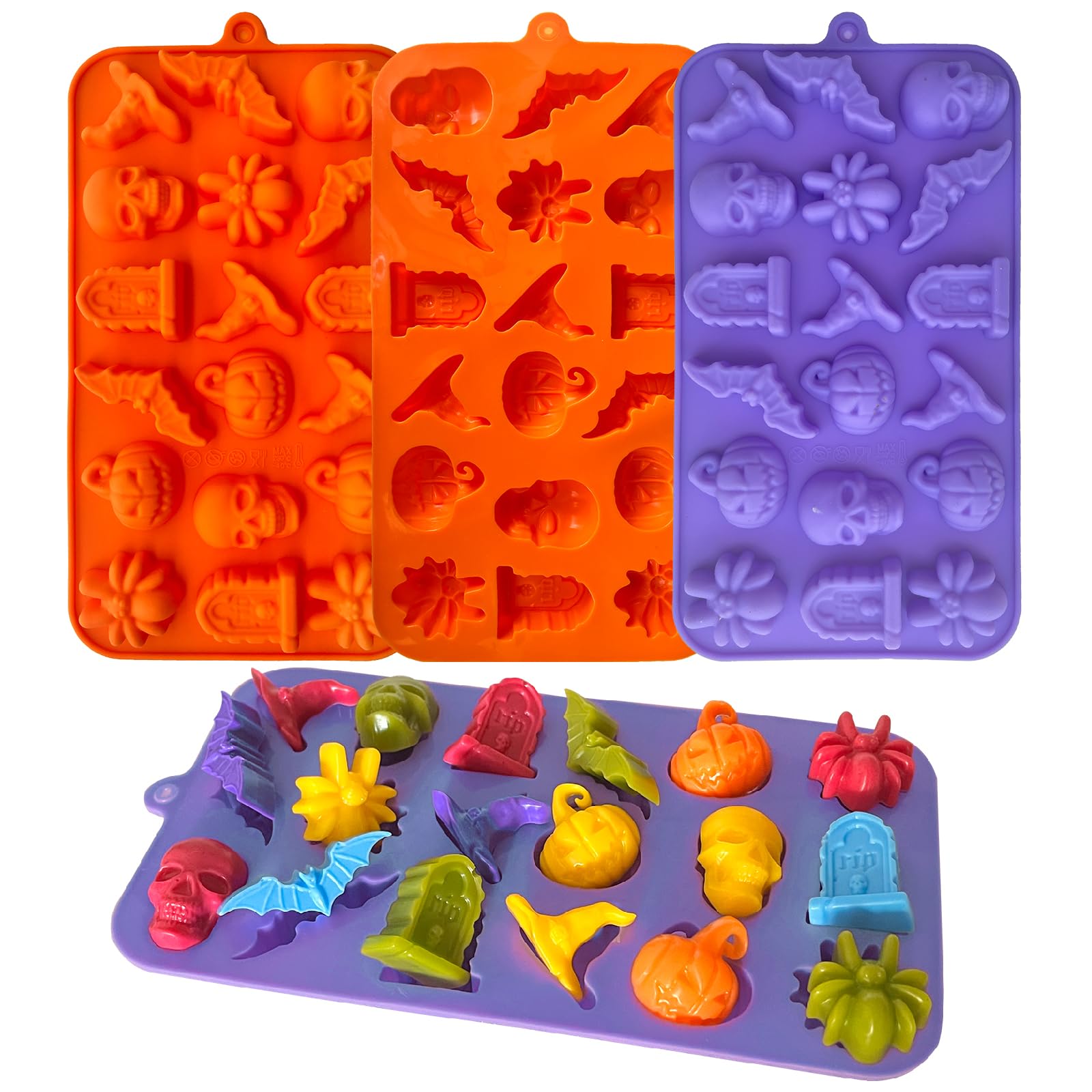 3D Halloween Chocolate Silicone Molds, 4 Pack Halloween Pumpkin Bat Skull Tomb Spider Witch Hat Shaped Molds for Candy Gummy, Ice Cube, Jelly, Cake Decorating