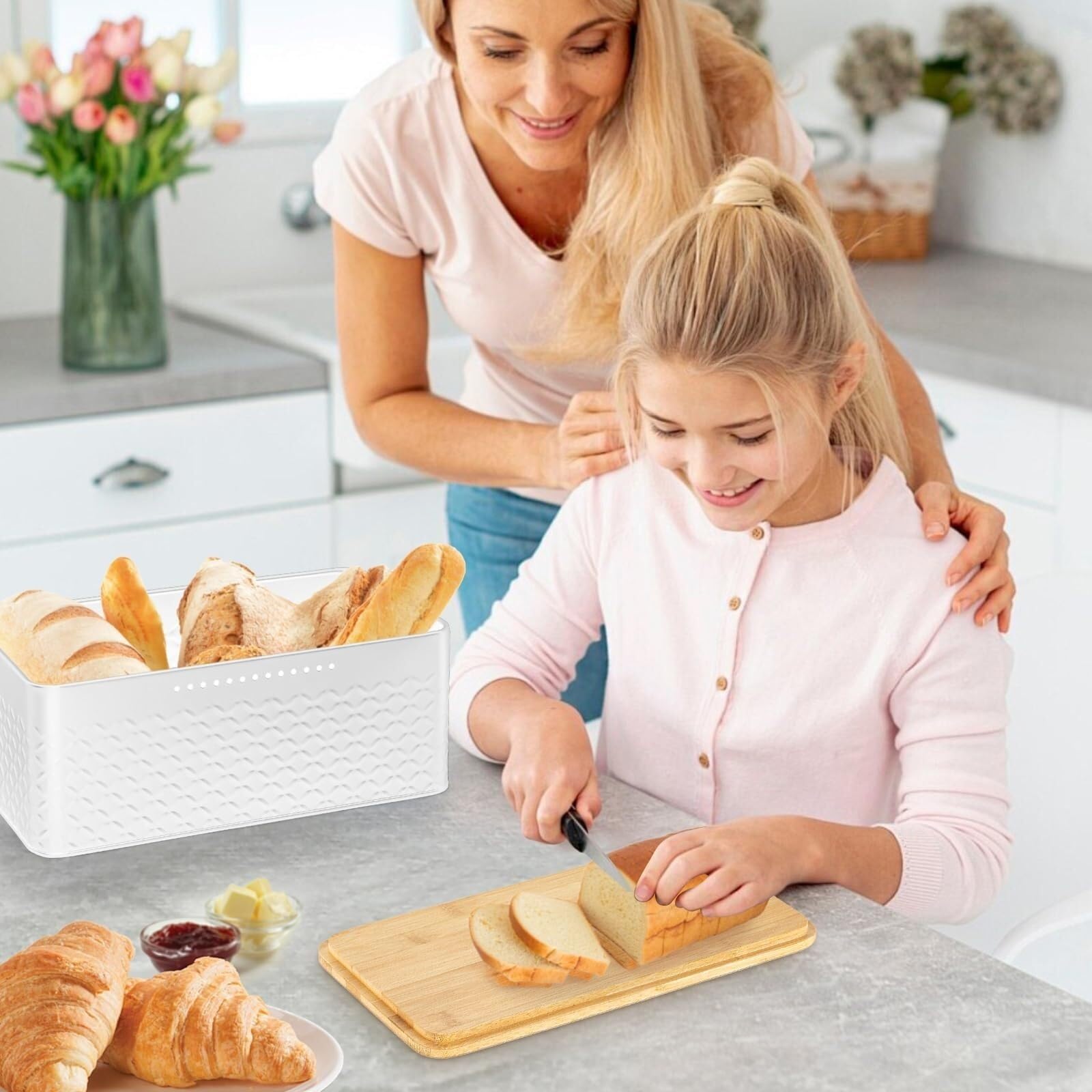 Chlebak na Pieczywo - Chlebak Kuchenny Pojemnik Na Chleb Metalowy Z Pokrywką Bambusową, Nadający Się Jako Deska Do Krojenia, Duży Przechowywania Żywności Bułeczki