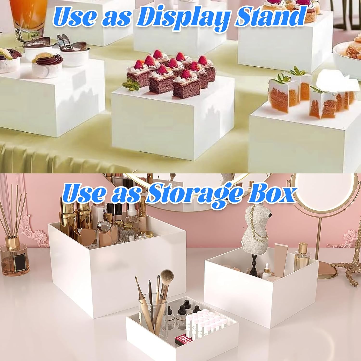 CertBuy 3 Pack Buffet Risers with 3 Signs and 2 Pen, White Food Risers for Buffet Table, Food Display Risers for Party, Acrylic Cube Display Nesting Risers with Hollow Bottoms for Catering Dessert Collectibles Jewelry (Size 8",9",10")