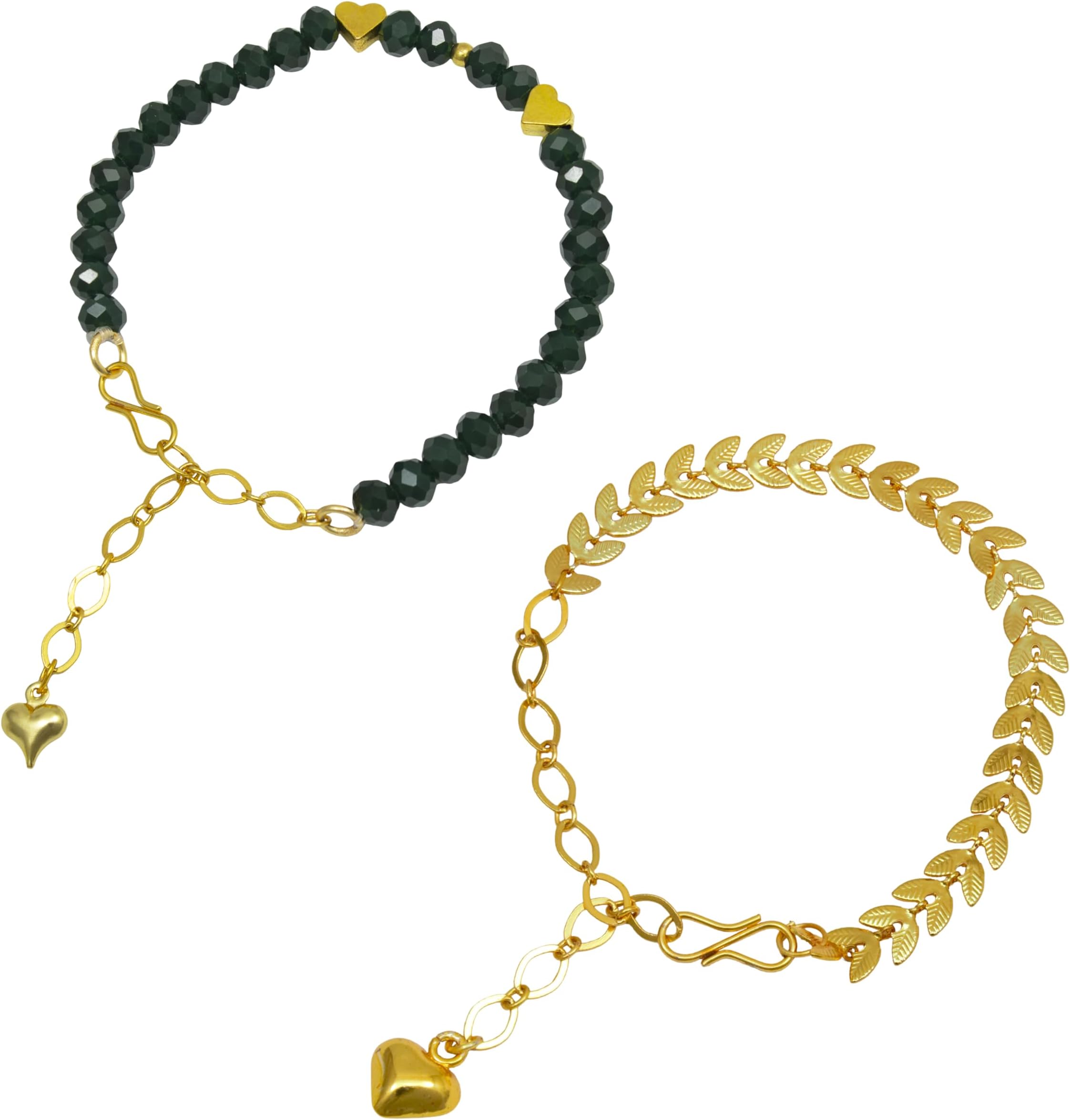 JFL - Jewellery for Less Romantic|Valentines day|Gift idea|for her|Girls|Women|Wife|Girlfriend|Lover|Fiance Valentine Bracelets Combo–Gold Leaf Chain Bracelet & Green Crystal Heart Beaded Bracelet