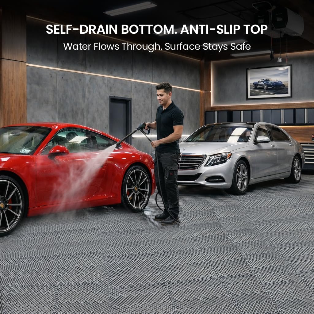 Garage Floor Tiles Interlocking Garage Flooring Tiles Pack of 48 Antislip Oil and Stain Resistant for Garages Shop Floors Basements 40000 LBS Load Capacity (Gray, 12 inch x 12 inch, Drain Tiles)