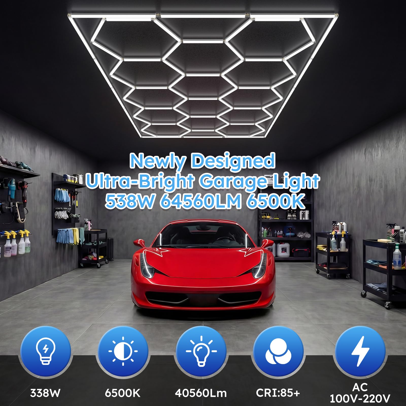 ALLYES LED Hexagon Werkstattbeleuchtung, 538W 64560LM 6500K Deckenleuchte, 14 Waben Garagenlampe mit Rechteck-Rahmen, Deckenlampe Kaltweiß für Garage, Werkstatt, Auto Detailing, Fitnessstudio